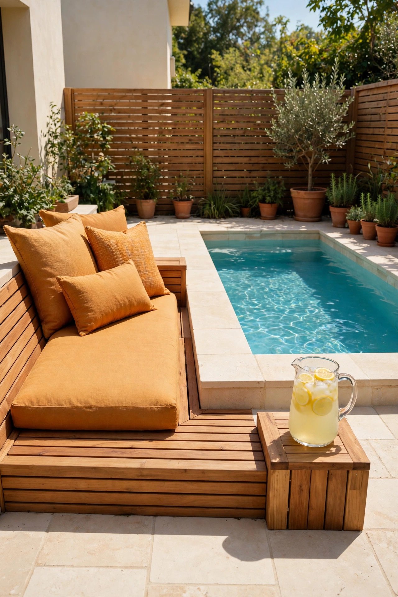 Compact pool deck with built-in wooden bench seating