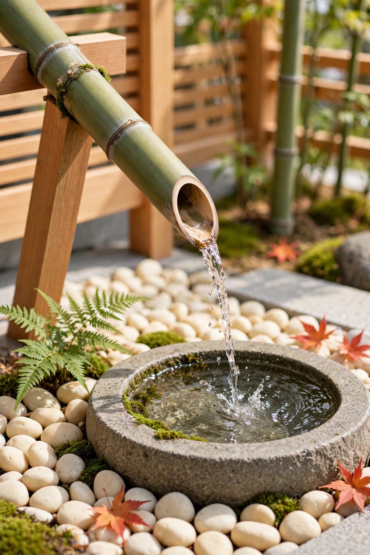 Bamboo water spout pouring into a stone basin