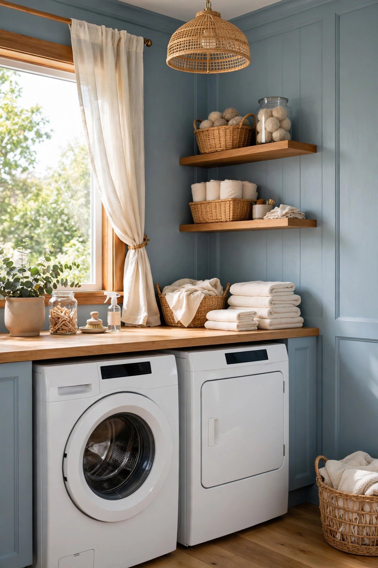 Bright laundry room with soft blue board and batten walls and white washer and dryer