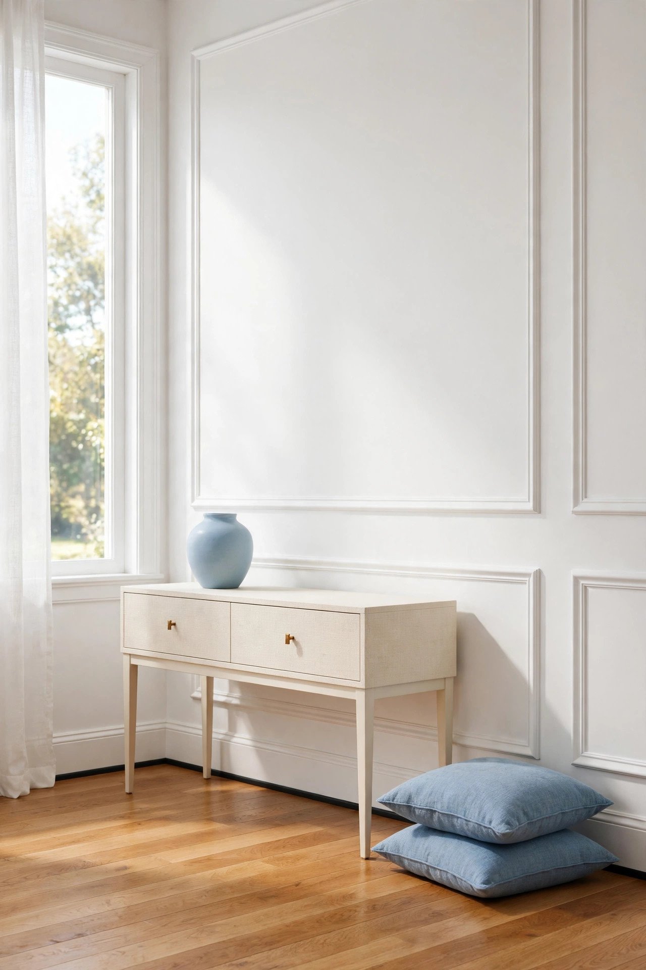 Pristine white wall with fresh clean picture-frame molding and minimal decor in bright natural light