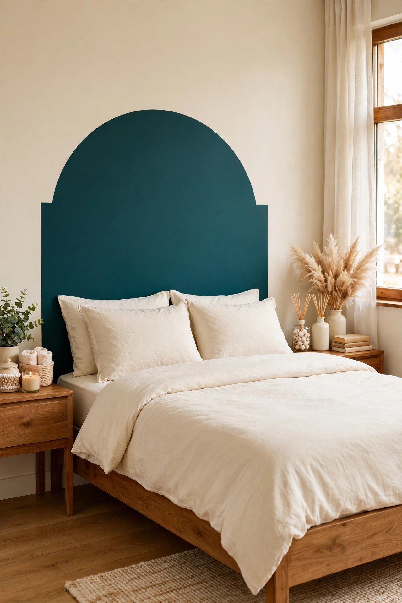 Headboard shape painted directly on a bedroom wall in deep teal behind a bed