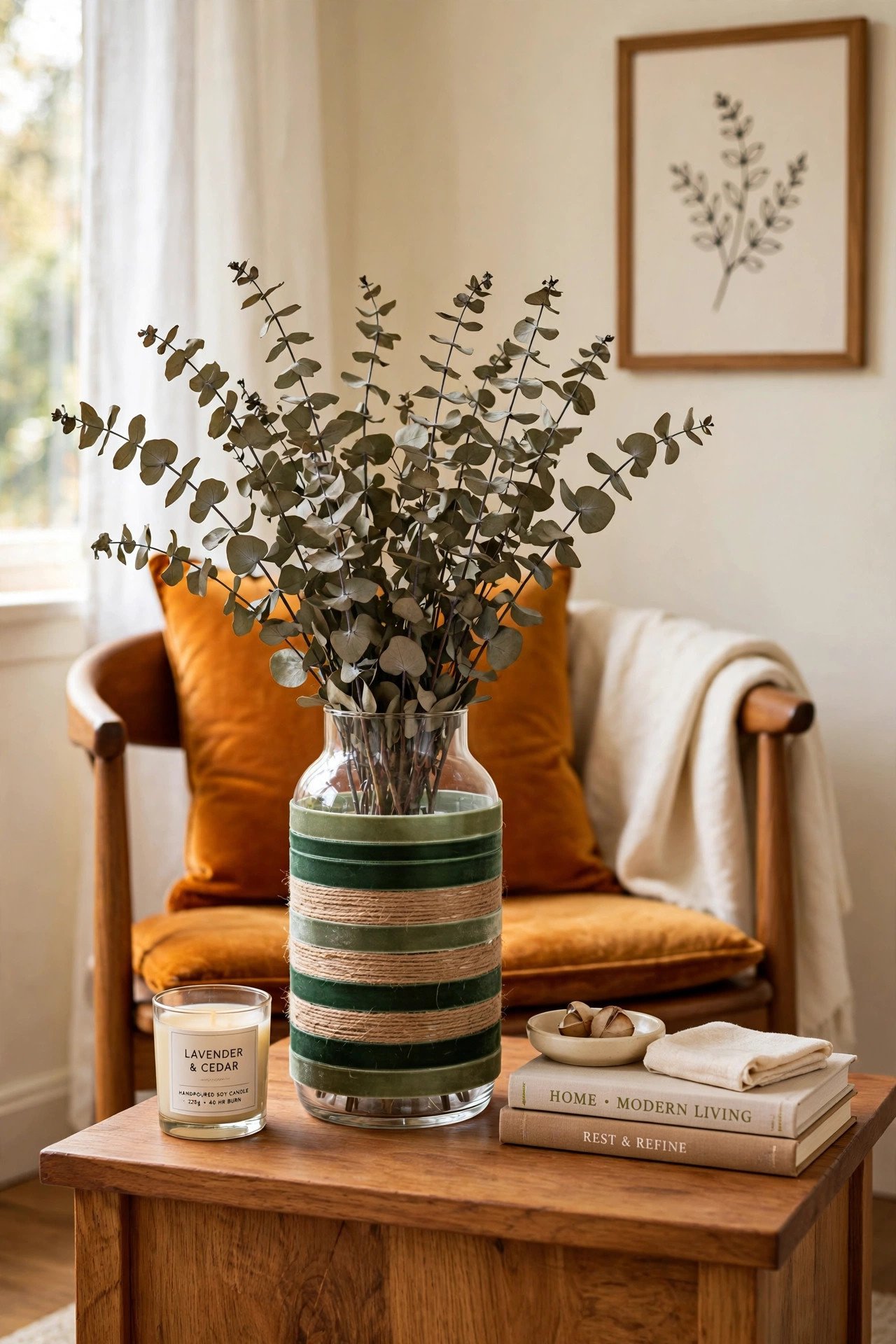 Ribbon wrapped glass vase with velvet and jute rows holding eucalyptus stems in amber tones