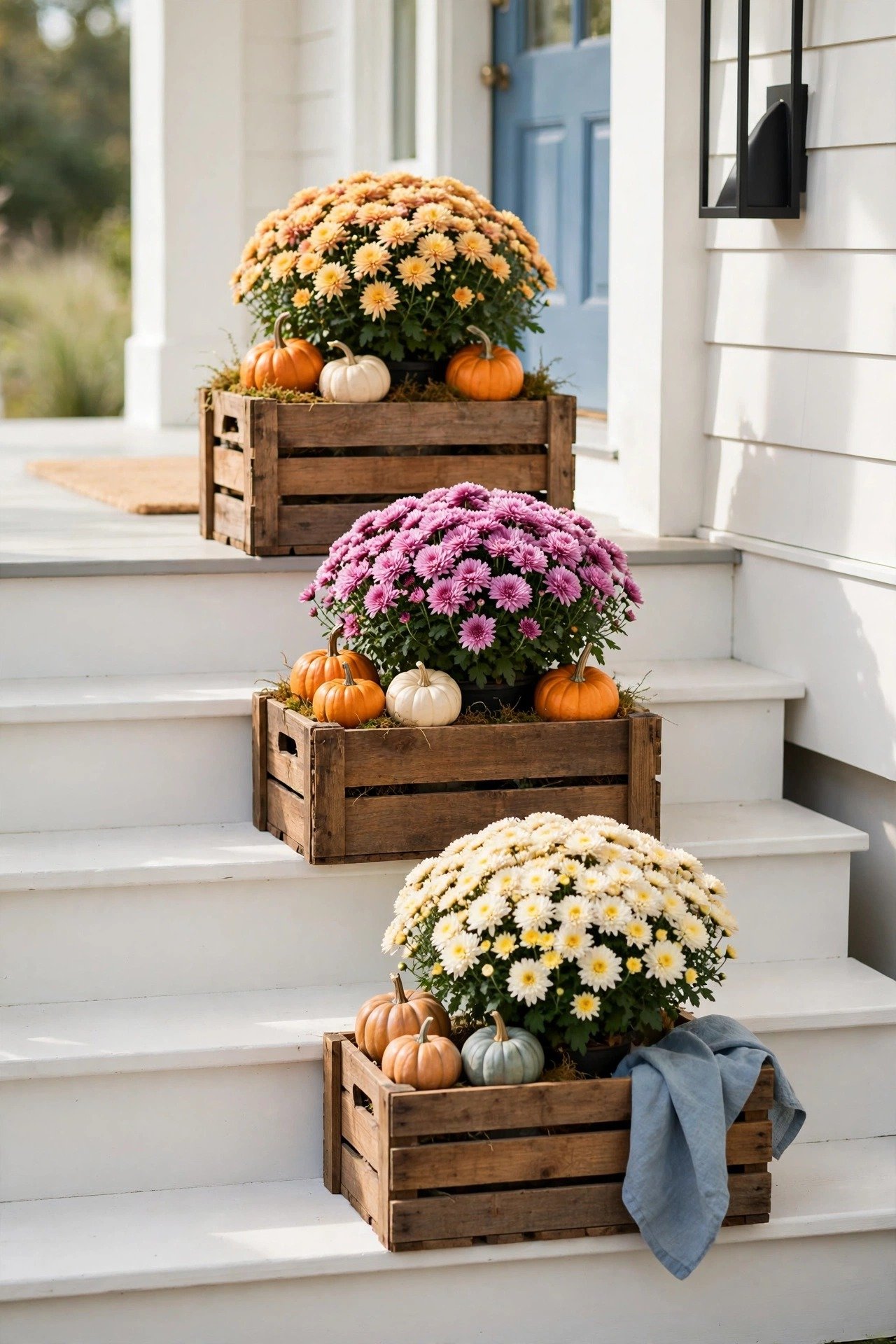Wooden crates filled with potted mums and small pumpkins arranged on porch steps