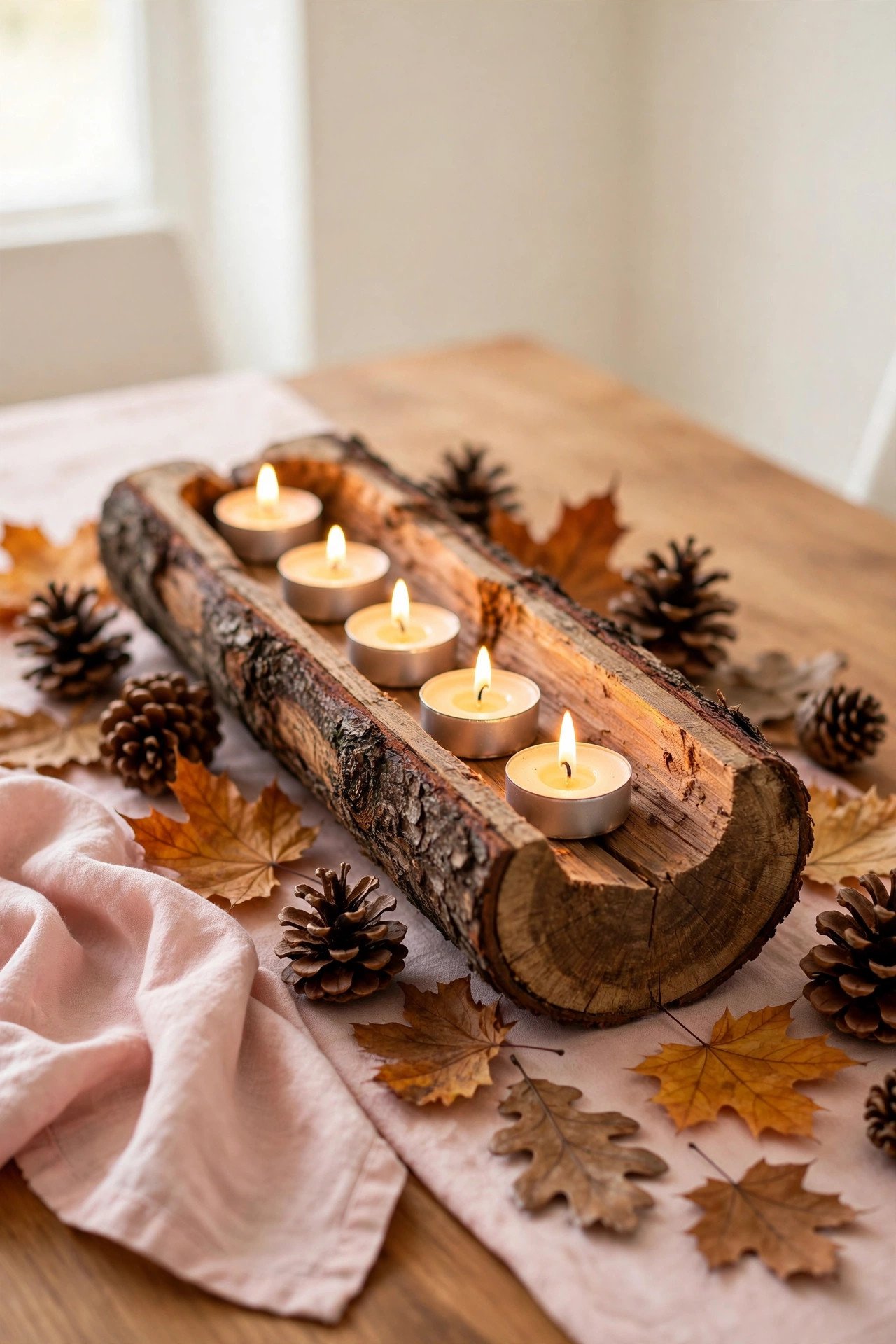 A hollowed rustic log filled with glowing tealight candles