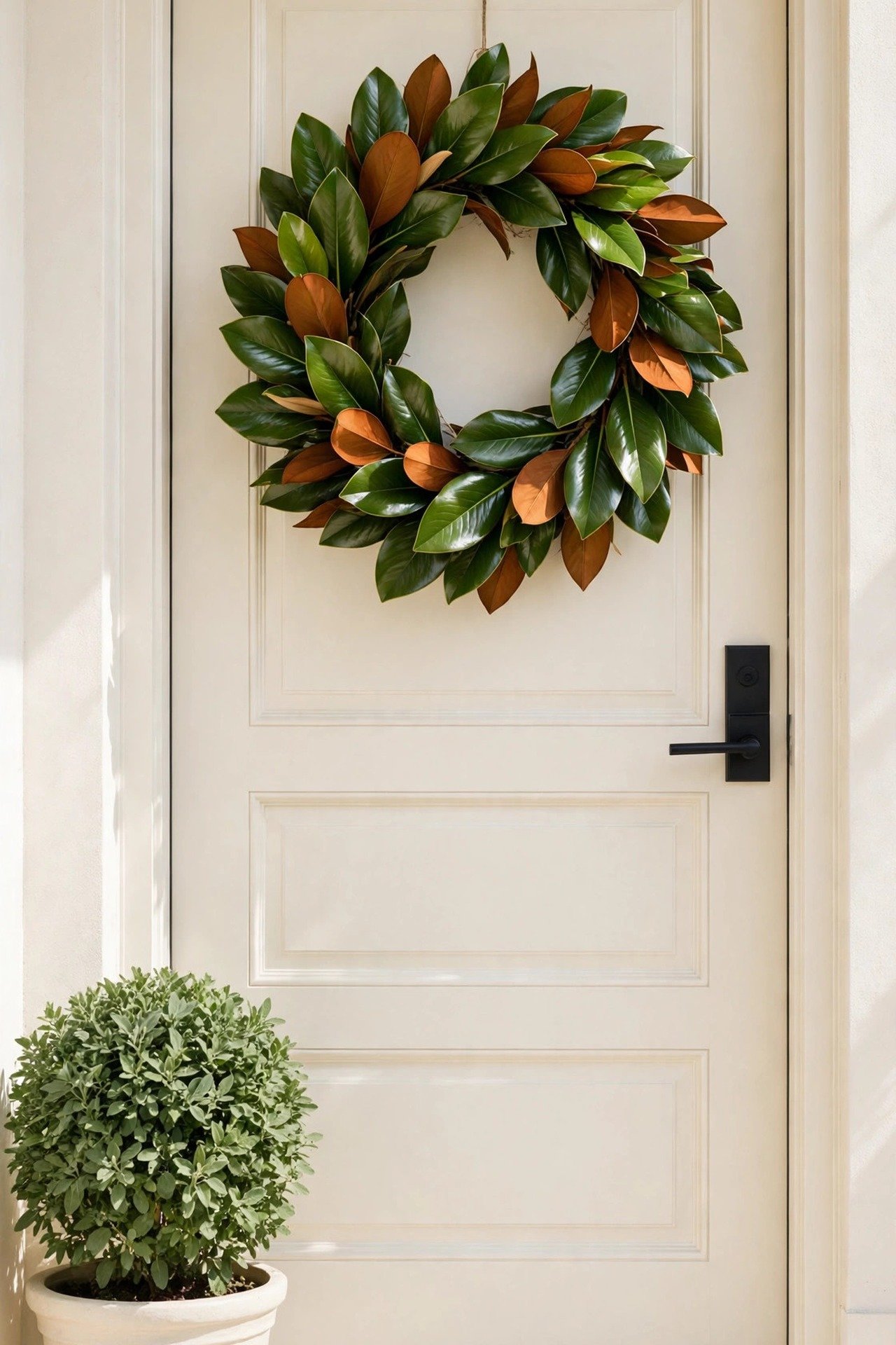 Wreath of glossy magnolia leaves showing green fronts and warm copper backs on a cream front door