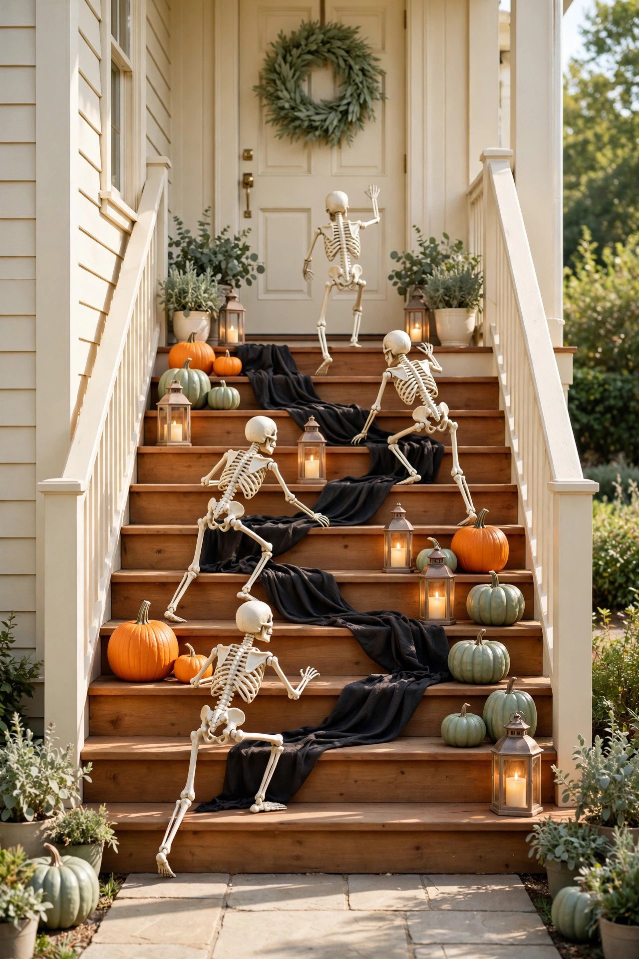 Porch staircase with skeleton figures climbing the steps, pumpkins, and warm lanterns