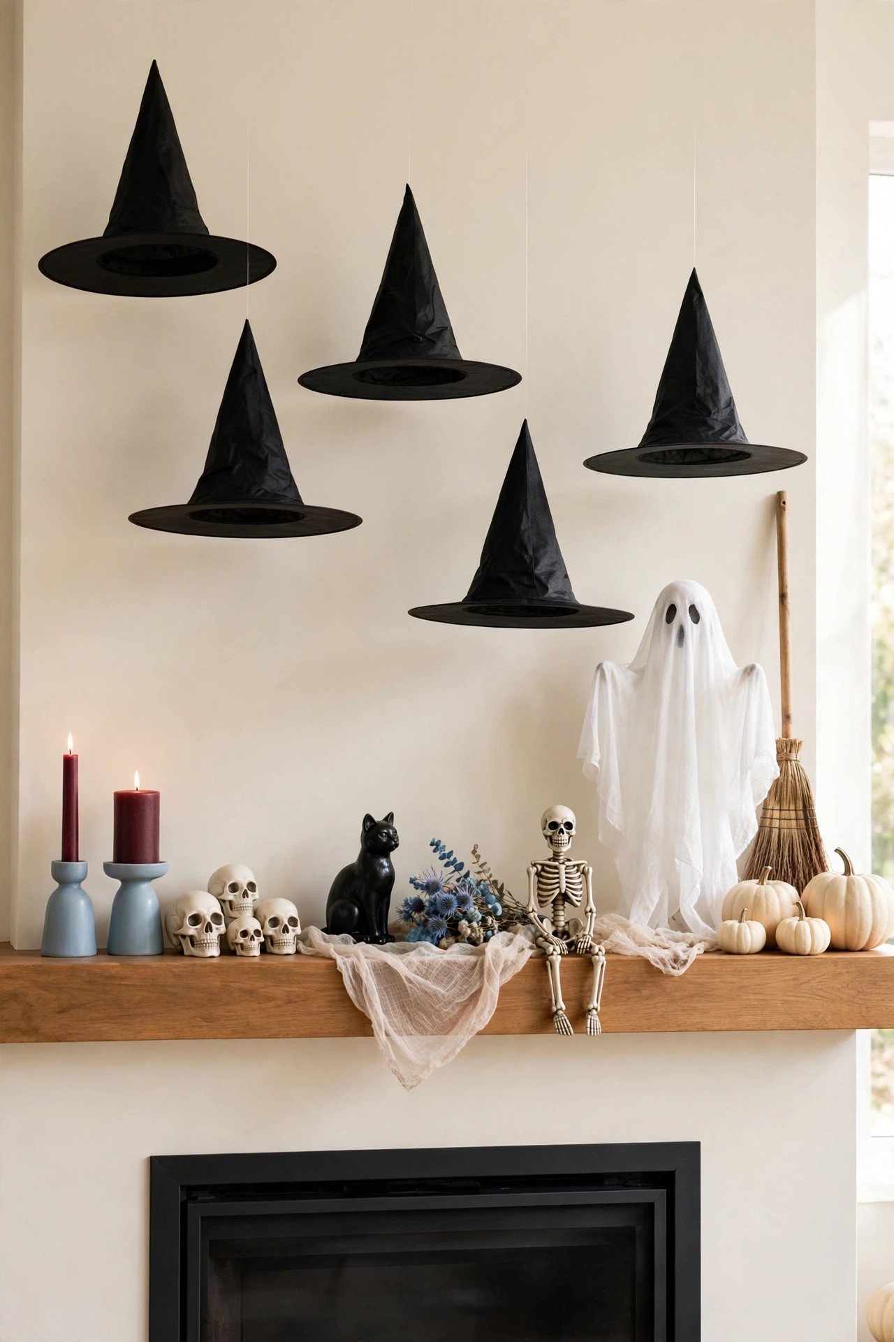 Mantel with floating witch hats suspended above, burgundy candles and skulls