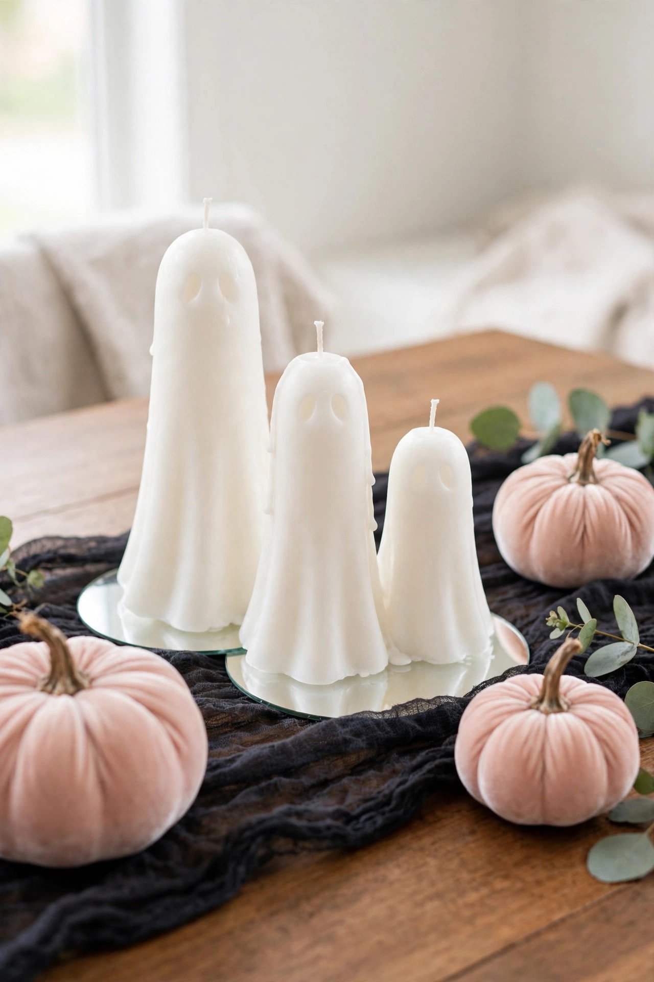 Ghost-shaped candles glowing softly on a Halloween tablescape in daylight