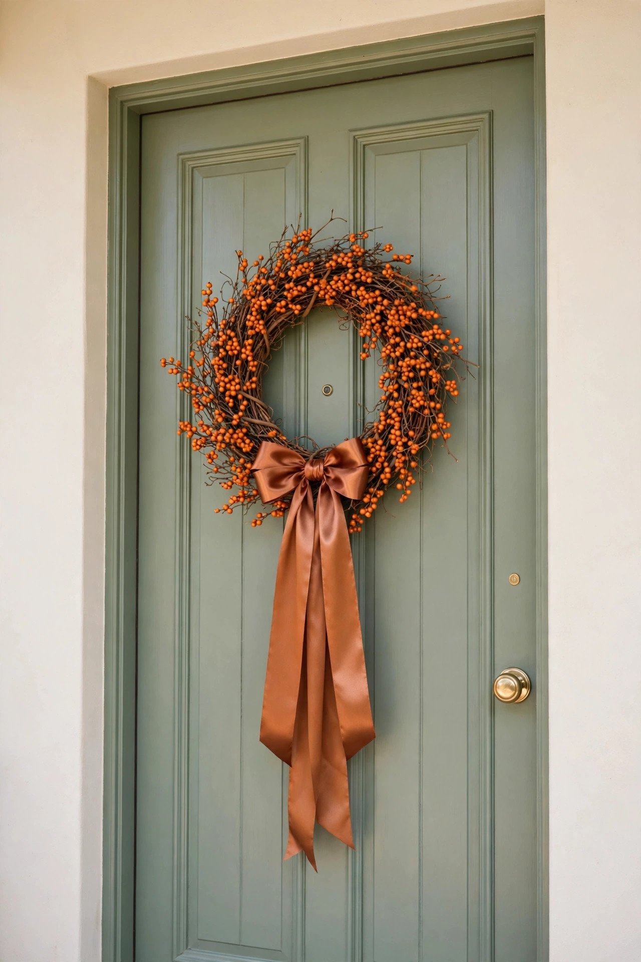 Halloween wreath of orange faux berries with a wide copper satin bow on a front door
