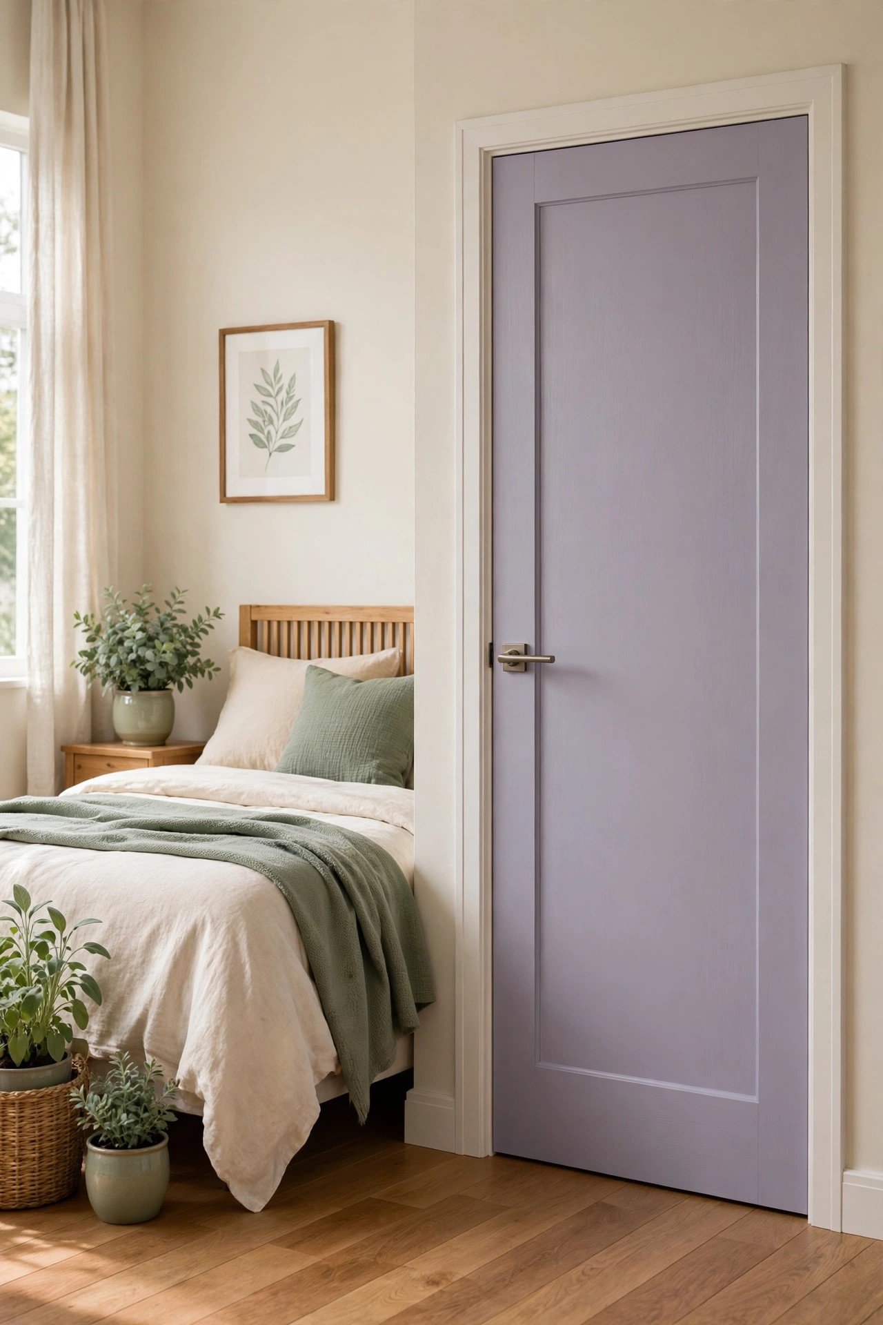 Gentle lavender painted interior door with calming purple gray tone