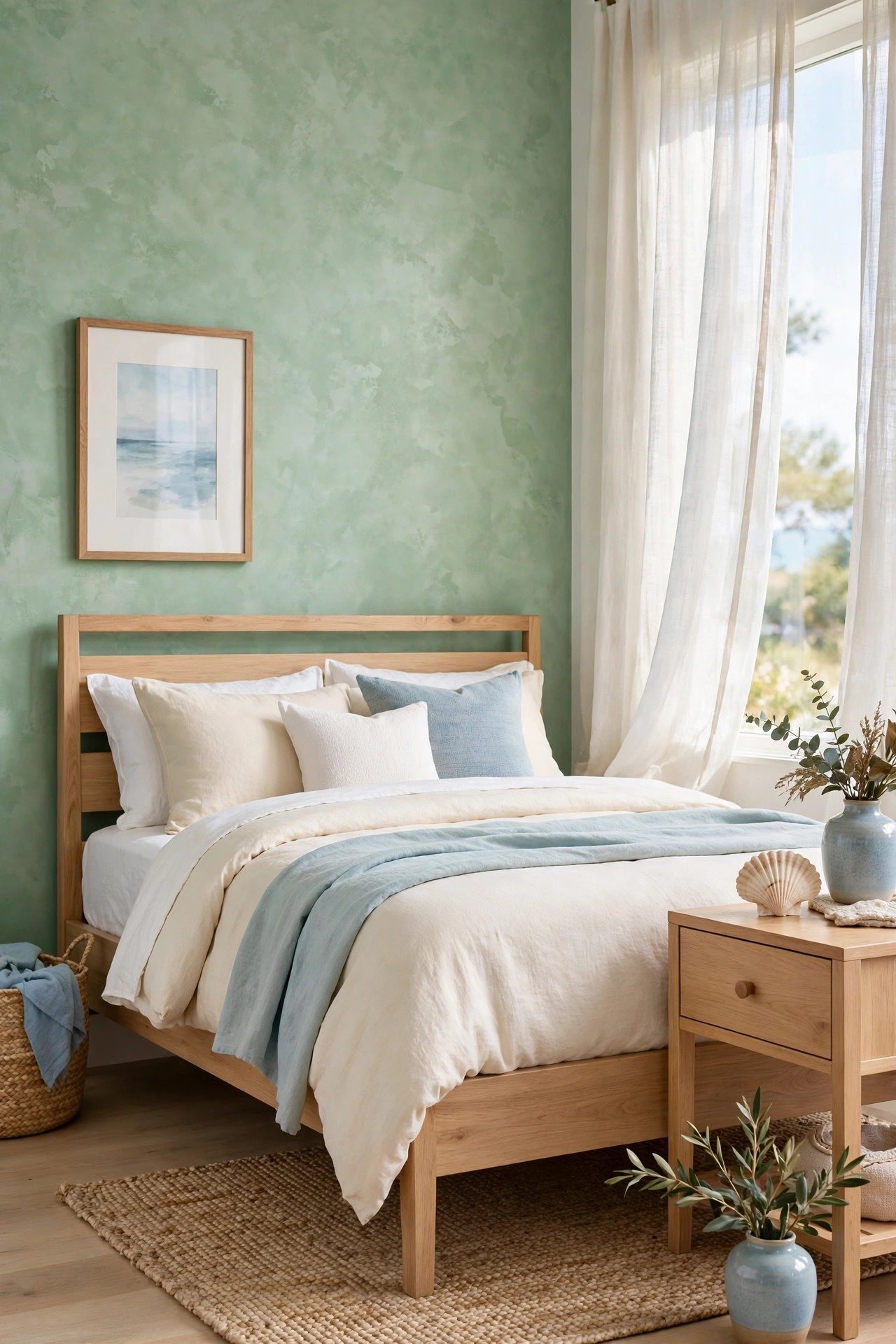 Seafoam limewash wall with fresh texture in a coastal bedroom with light wood furniture