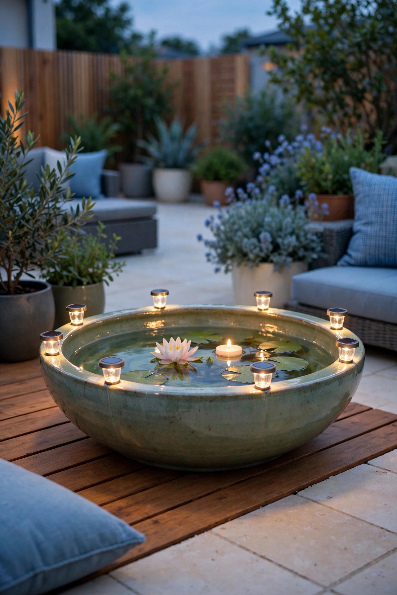 Mini pond glowing with solar lights in the evening