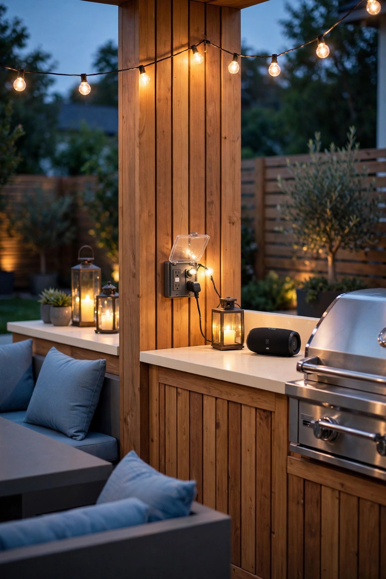 Outdoor kitchen with power outlets, warm lights, and evening ambiance