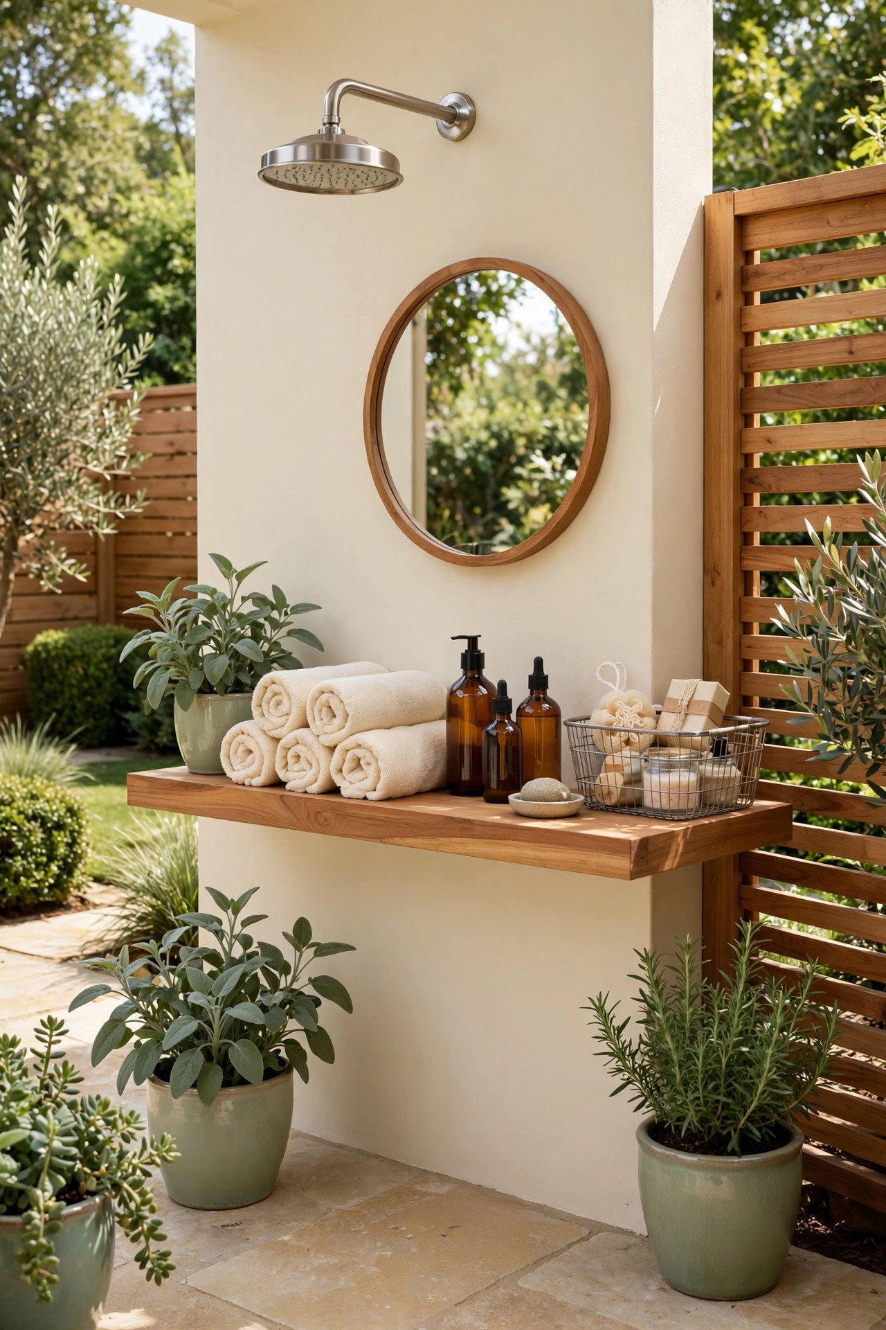 Outdoor shower with a mirror, shelf of rolled towels and bottles, and sage green plants