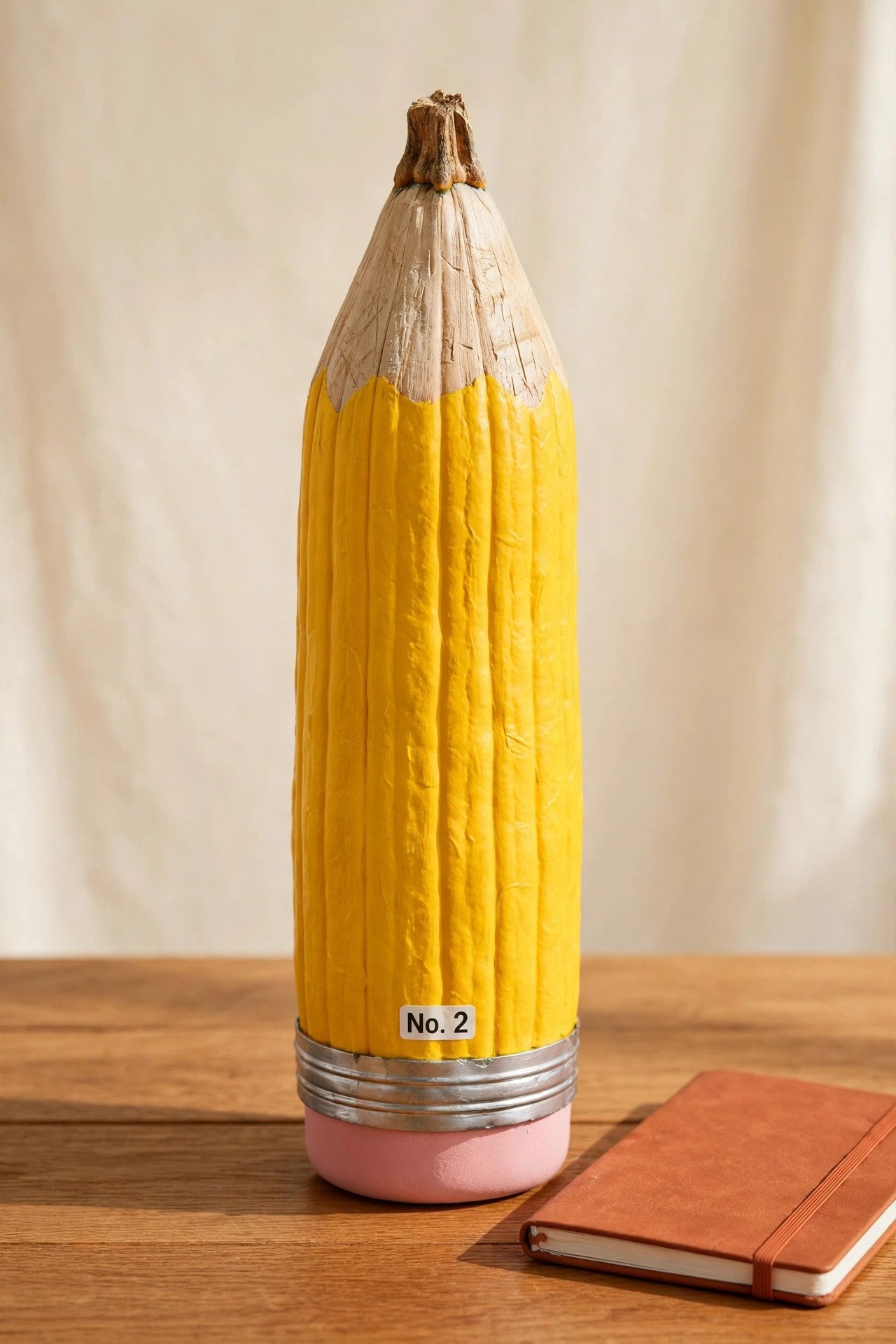 Tall yellow pumpkin painted to look like a giant pencil with a wooden tip and pink eraser