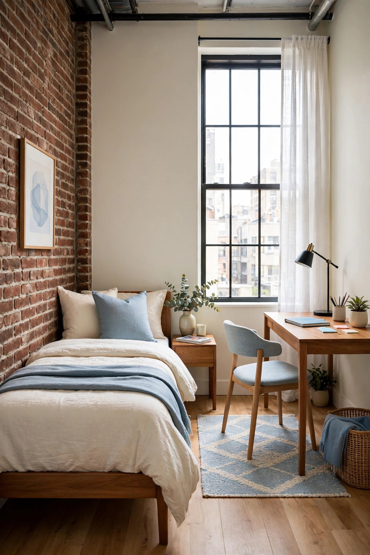 Urban loft style small guest room layout with an exposed brick wall, warm wood flooring, and a compact workspace