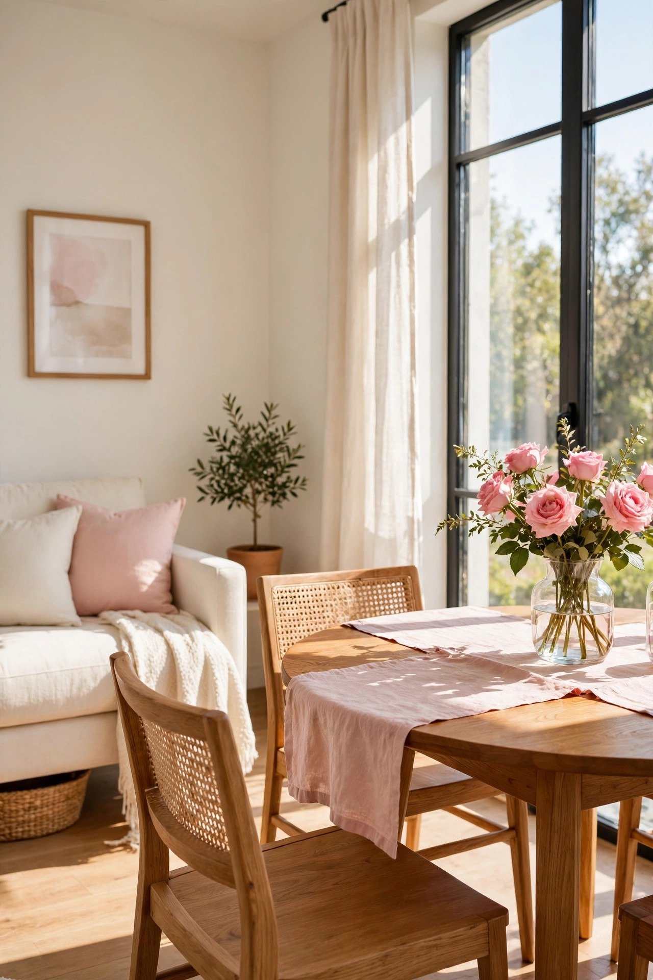 Dining area placed by a bright window in a small living dining combo, natural light over the table