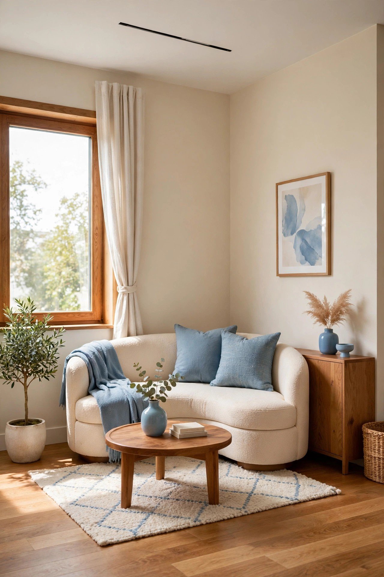 Small living room layout ideas with a small curved sofa softening the sharp corners of a rectangular living room