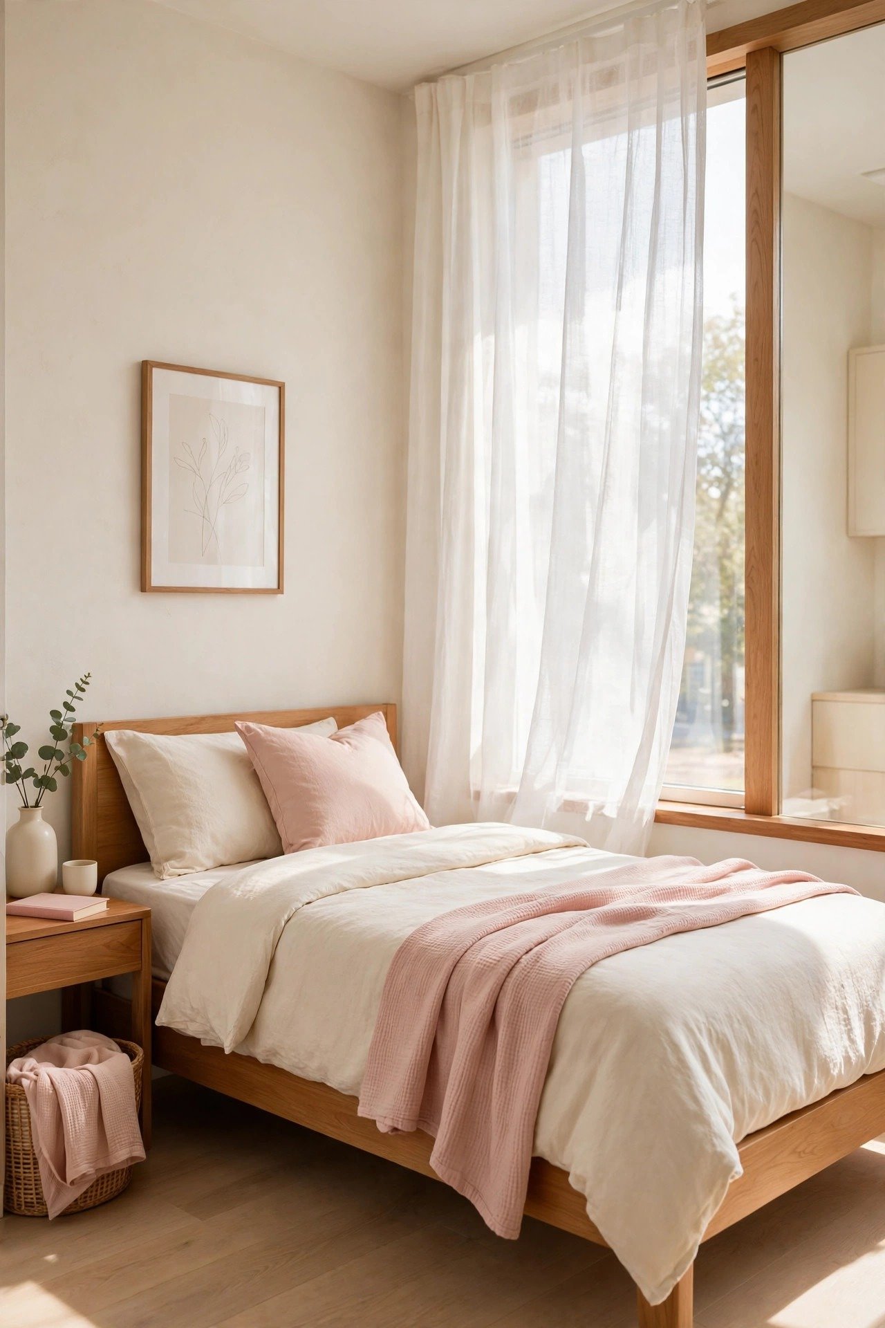Small one bedroom apartment layout ideas with sheer white curtains letting bright natural light into a small bedroom