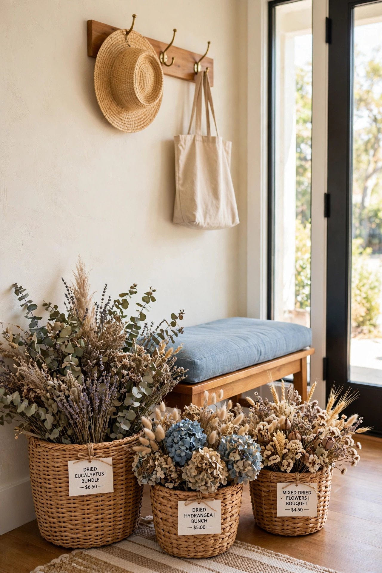 Thrifted woven baskets filled with dried flowers and eucalyptus in a bright entryway in soft blue tones