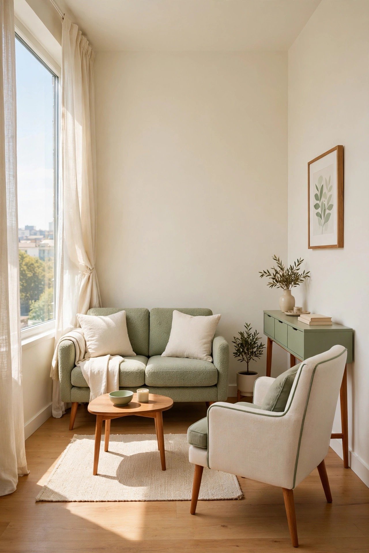 Tiny studio apartment layout idea with apartment-scale compact furniture in sage green and cream that fits the small room