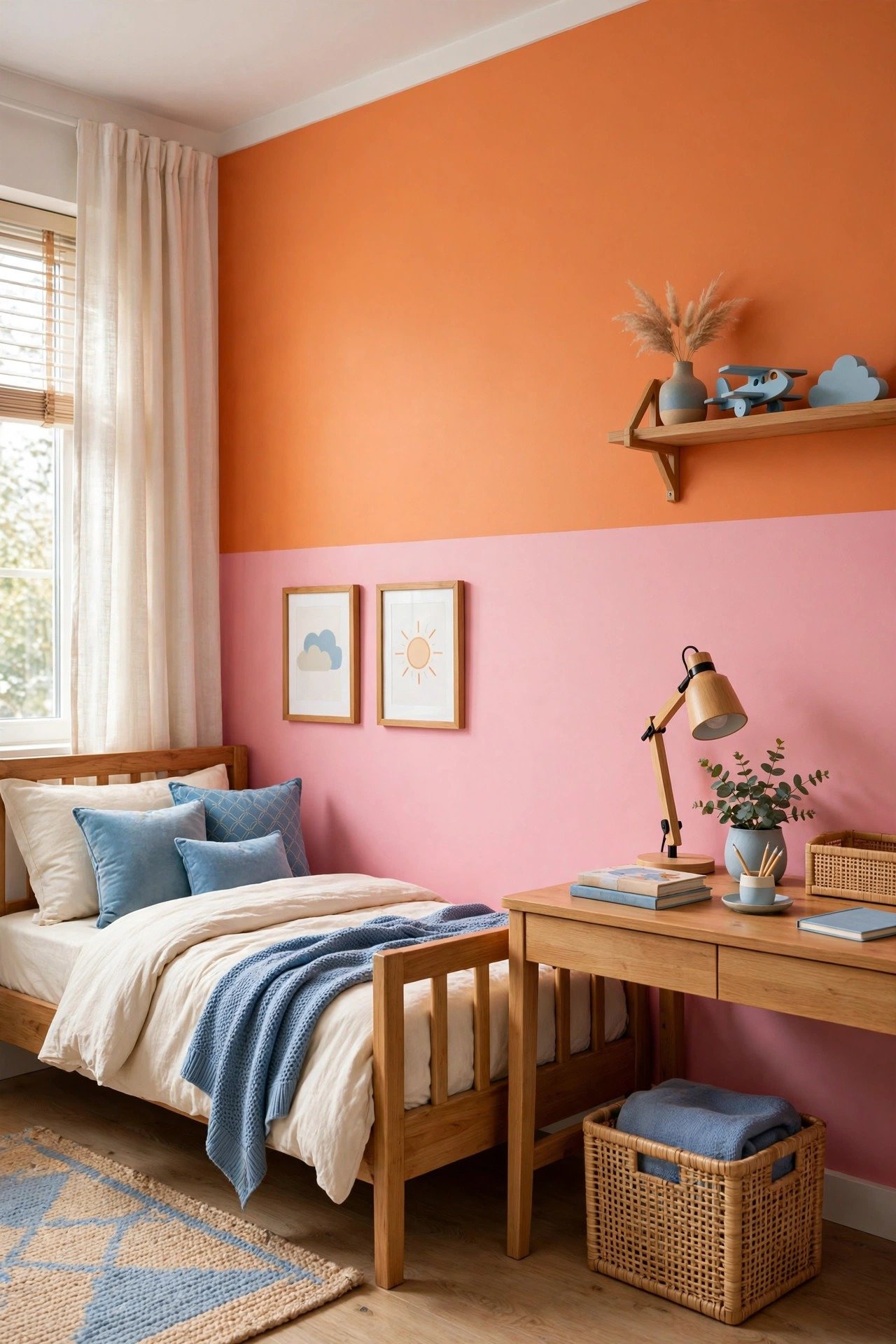 Pink and orange two tone wall paint ideas with playful pink and warm orange on a kids bedroom wall