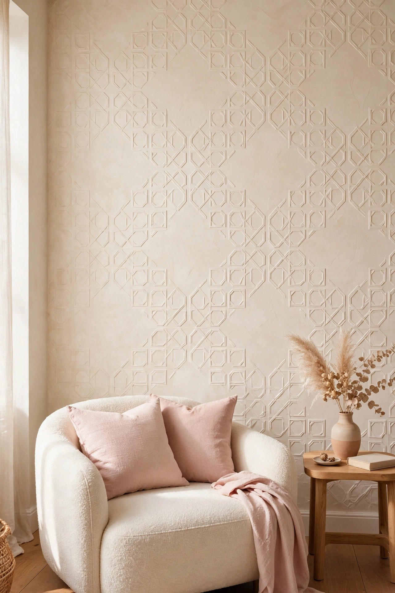 Venetian plaster wall with subtle raised geometric pattern texture