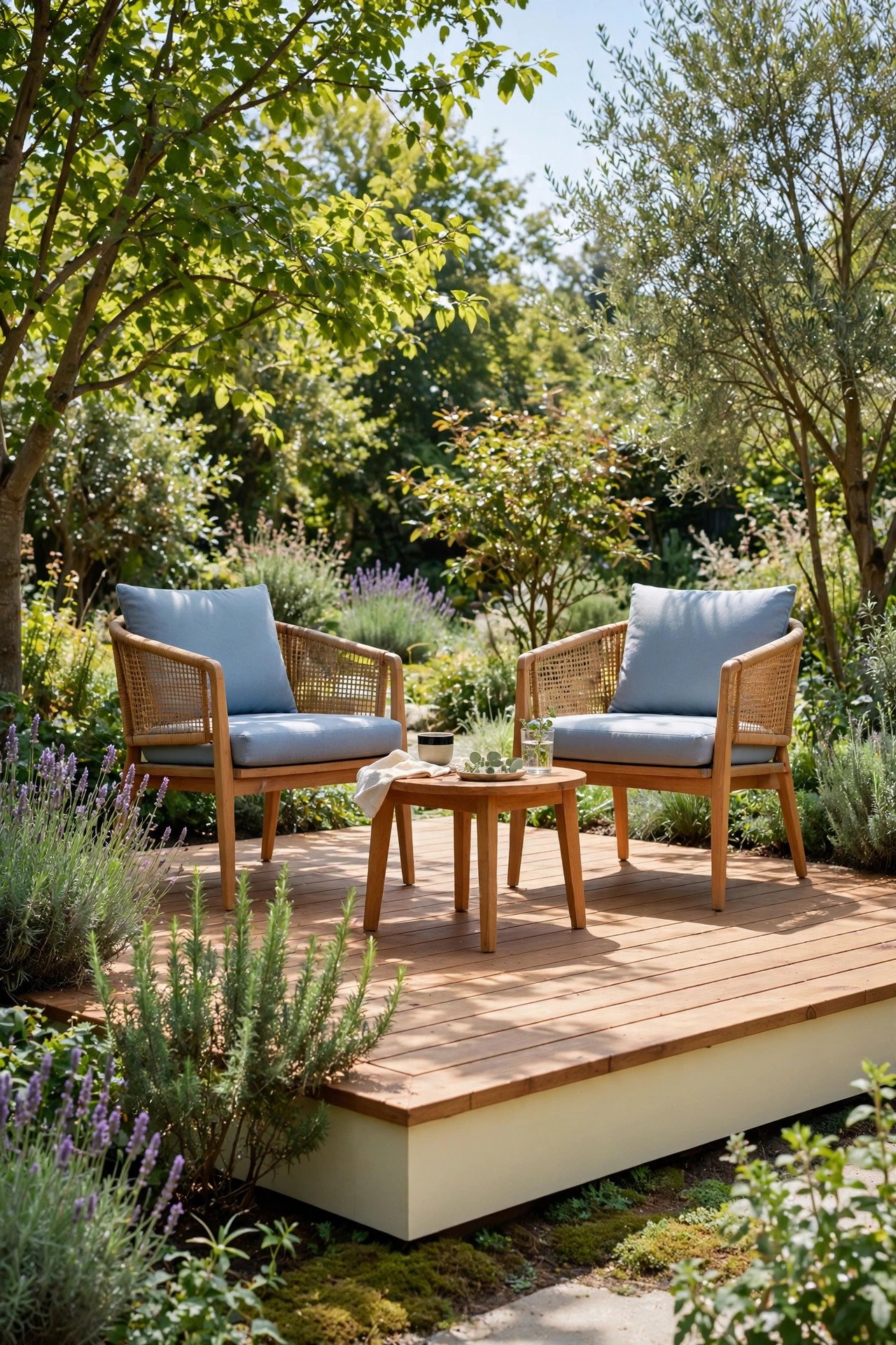 Low wooden platform deck set among trees and garden plants
