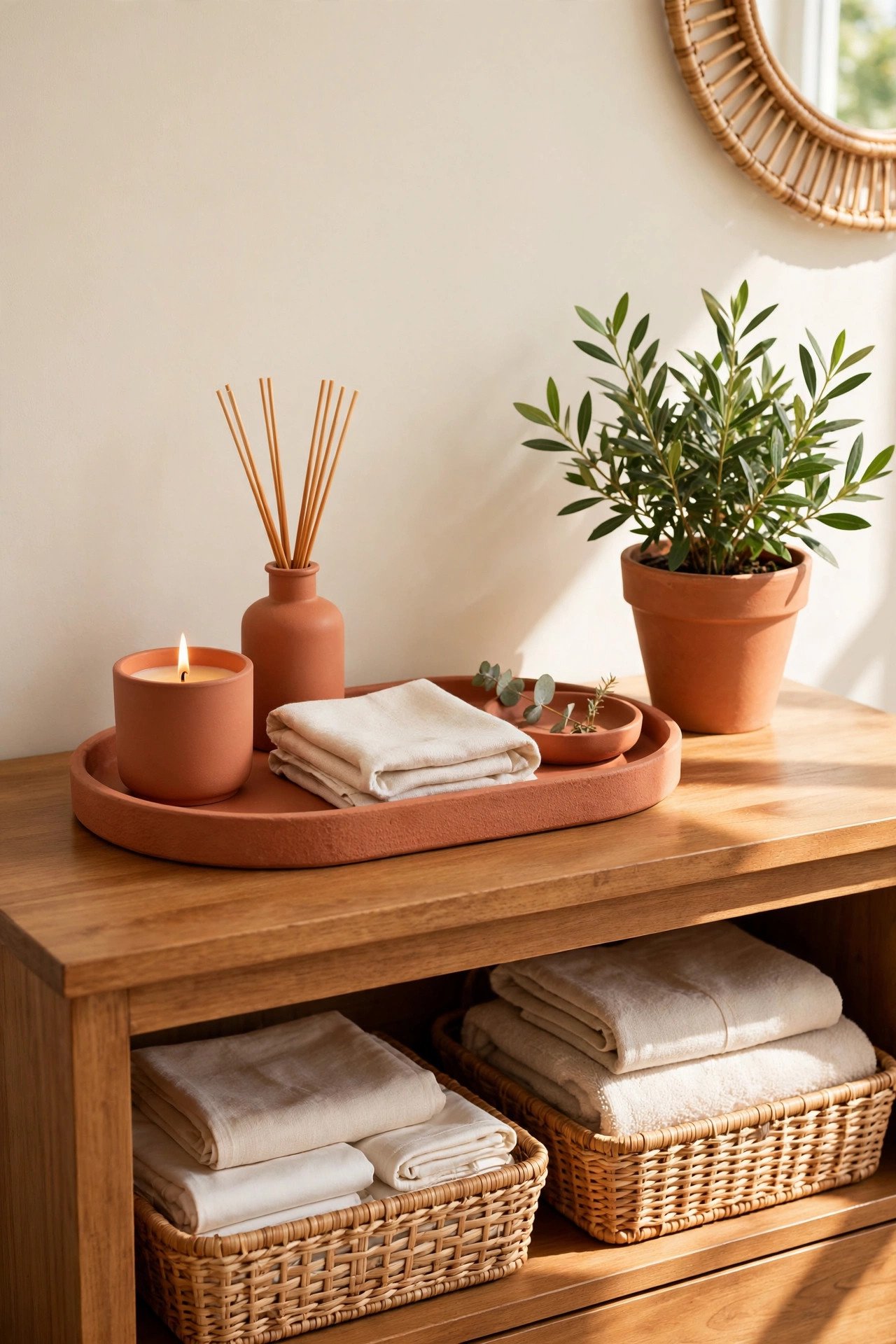 Bedroom with lit candle, diffuser, and soft details on a tray