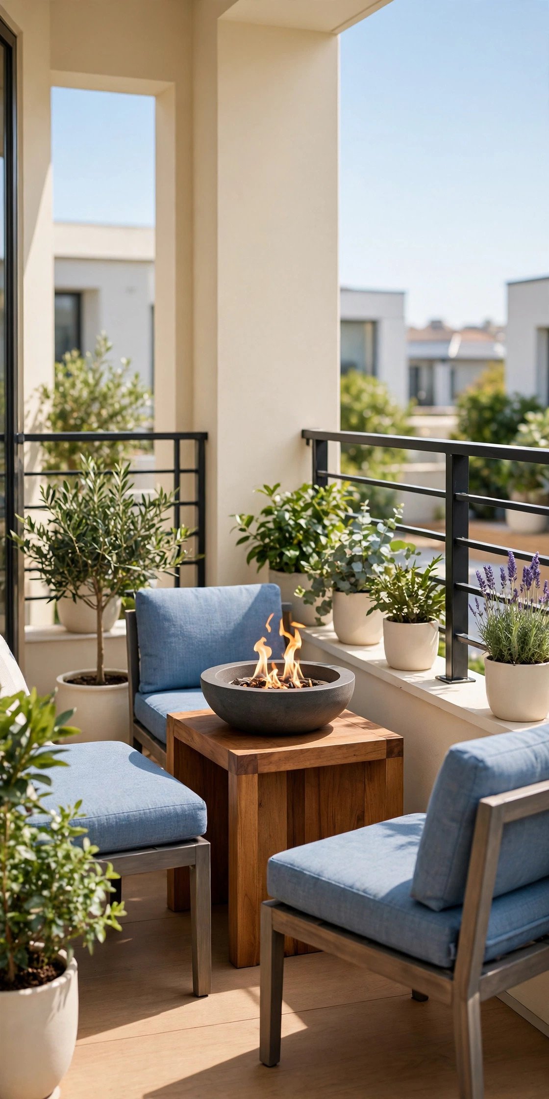 Small fire bowl tucked onto a balcony with soft blue cushions
