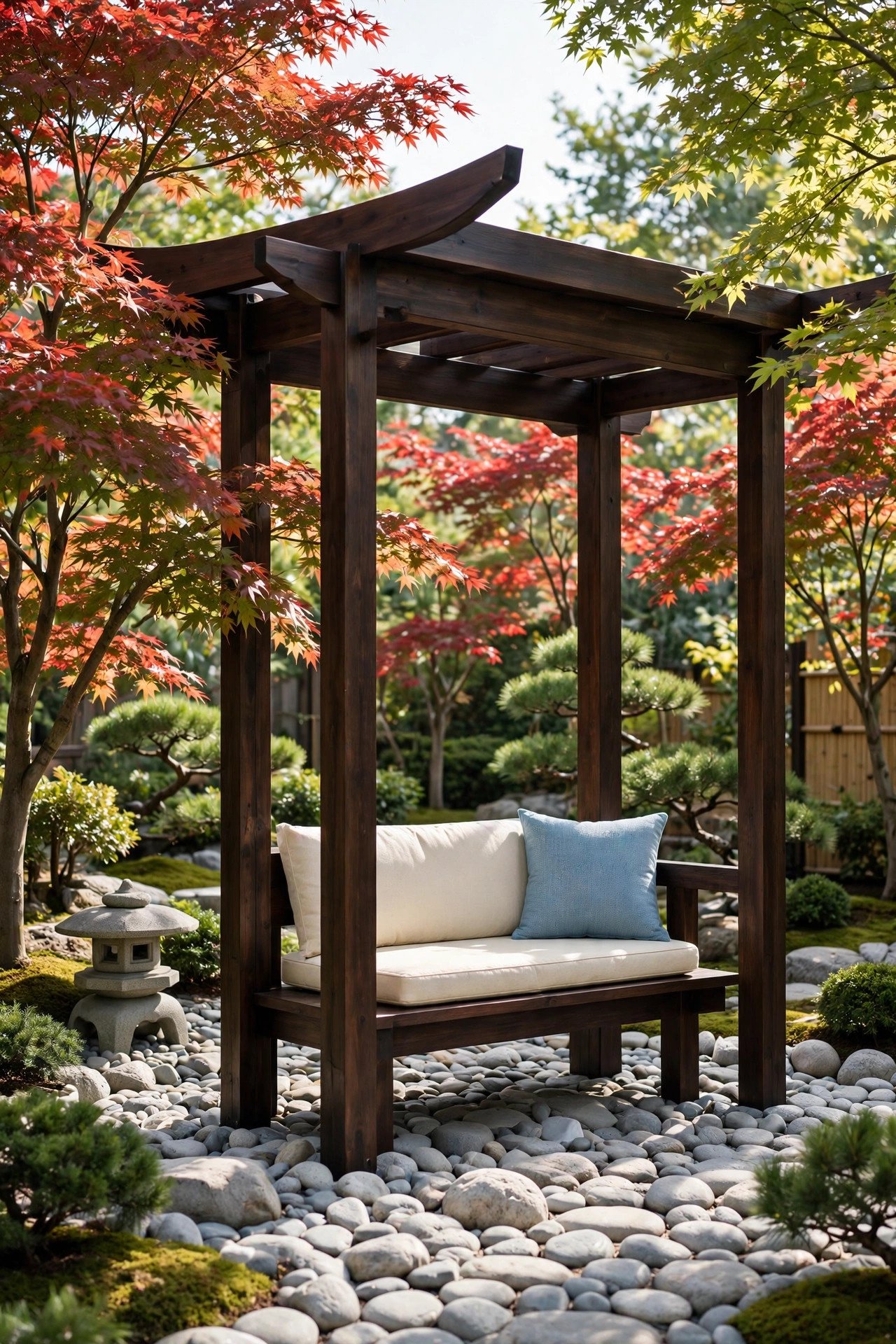 Japanese-style pergola with curved roof edges in a zen garden