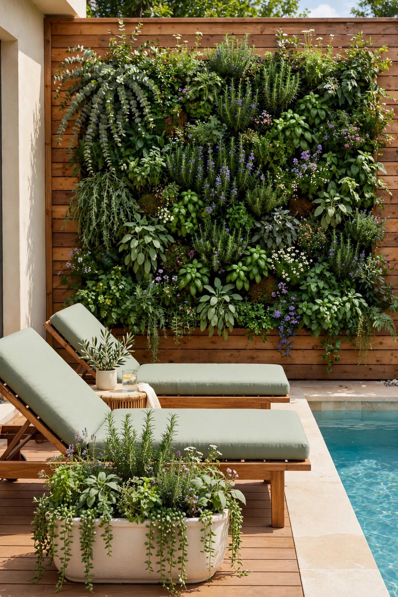 Small pool deck with a lush vertical garden wall
