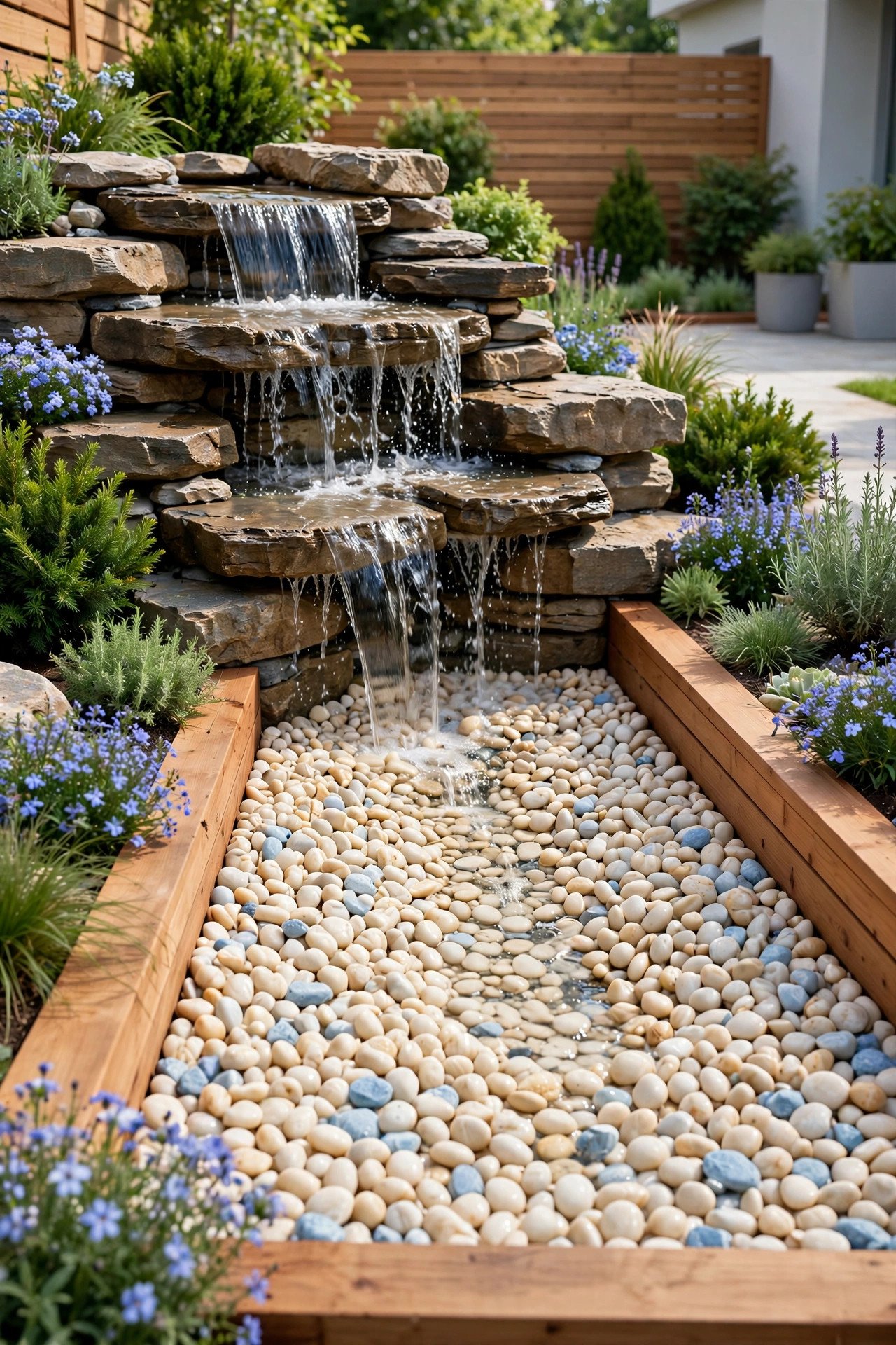 Pondless waterfall disappearing into pebbles