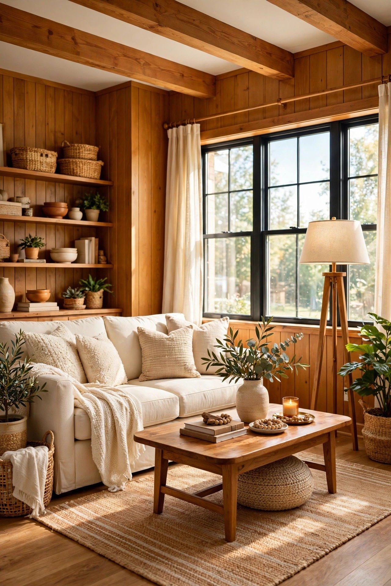 Warm basement family room with amber-toned board and batten walls and a comfortable sofa