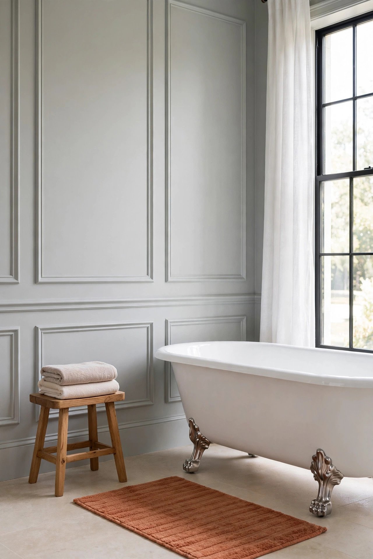Soft gray paneled wall with gentle picture-frame molding and a clawfoot tub in a calm bathroom
