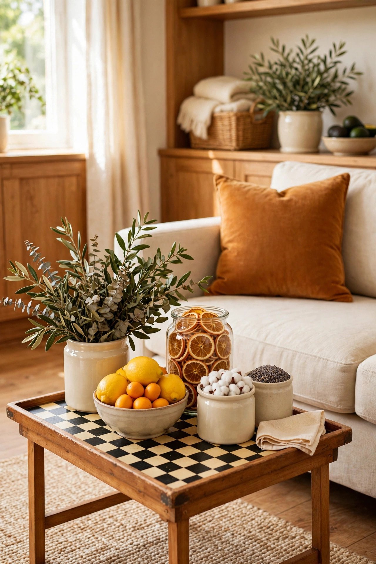 Small tray table with a black and cream checkerboard painted top in a living room