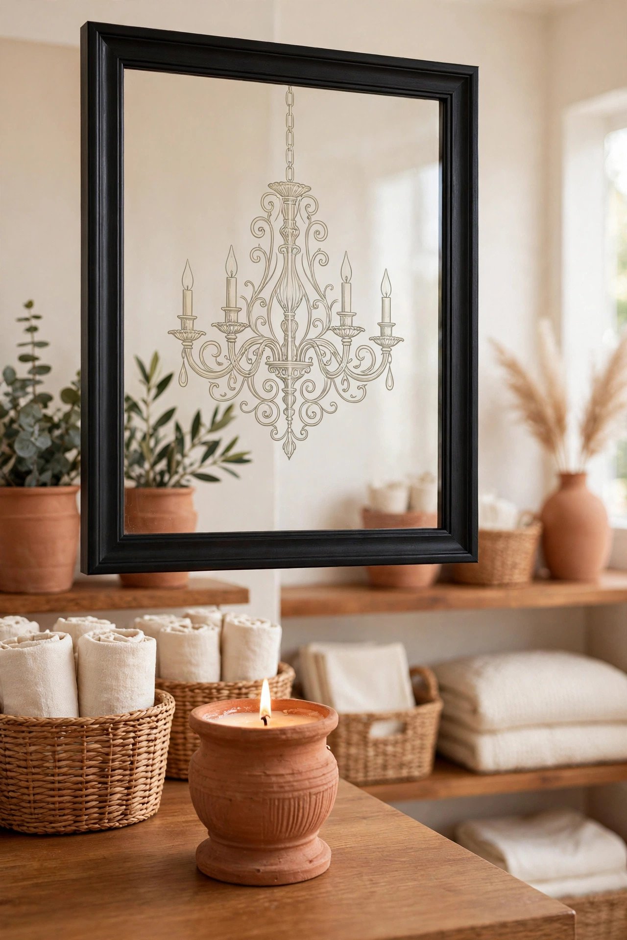 Picture frame with a chandelier decal on the glass