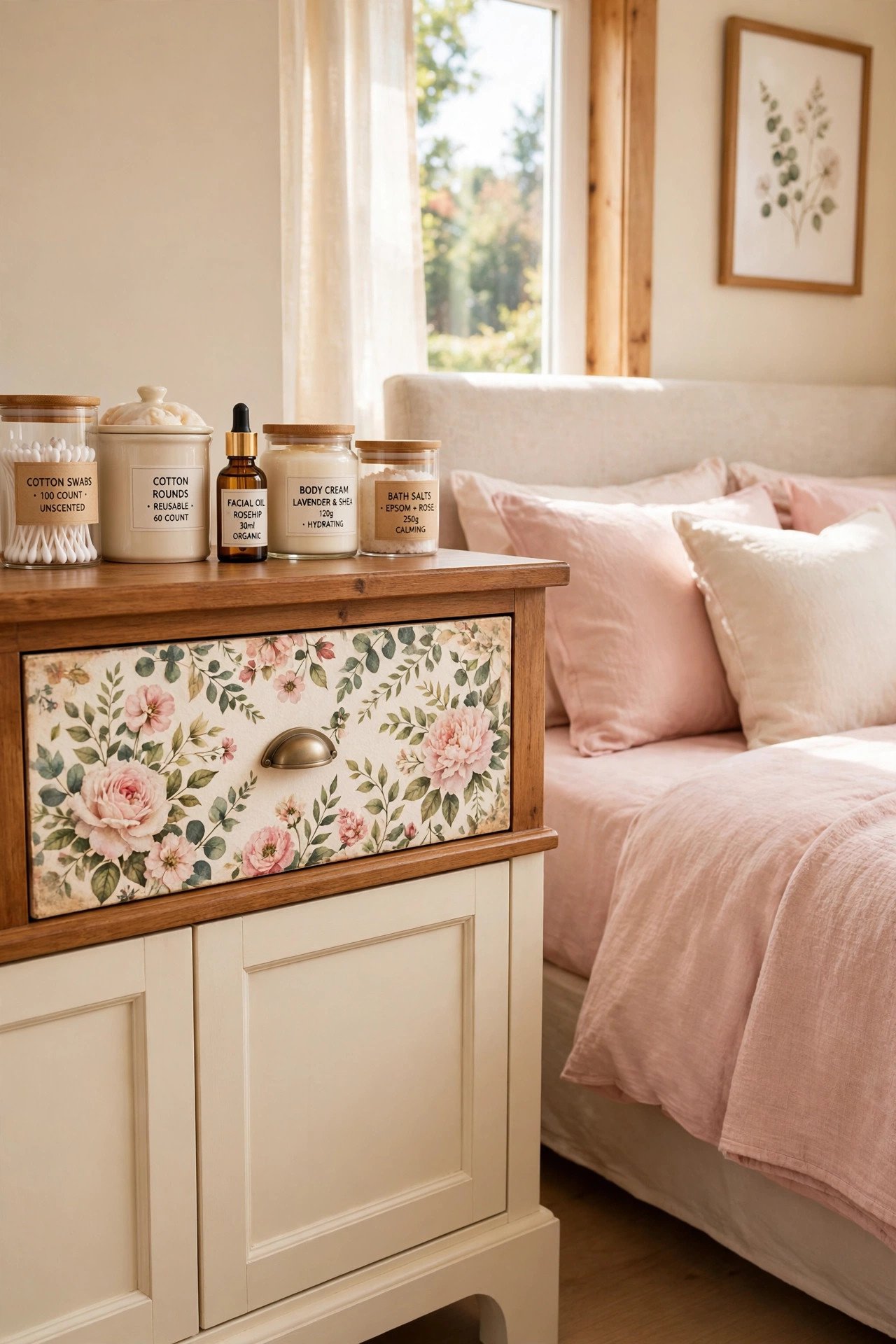 Napkin decoupage furniture hack with floral napkins applied to a drawer front in blush pink tones