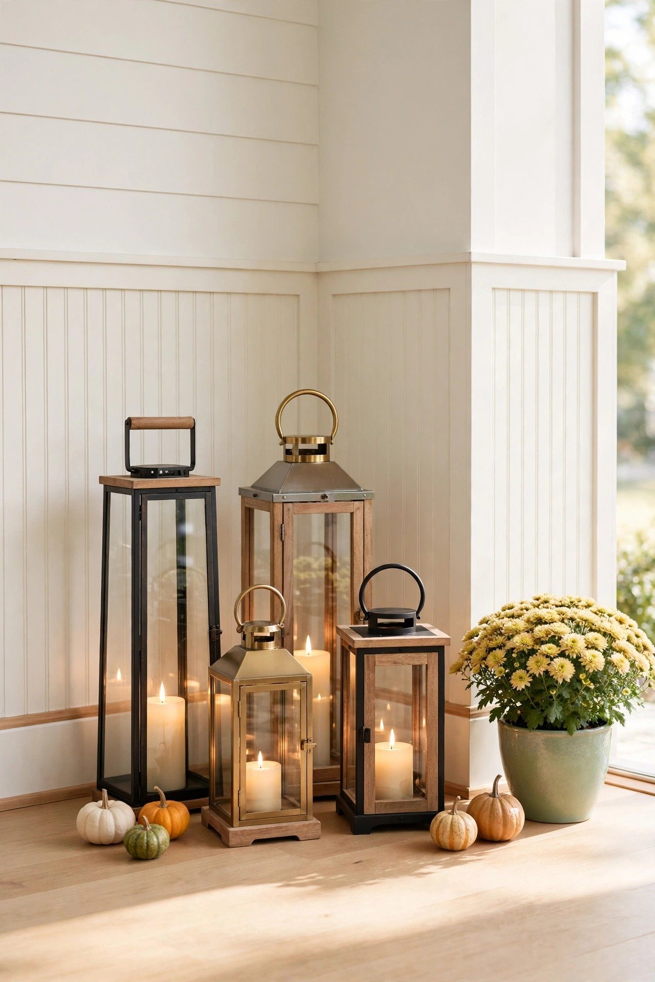 A cozy porch corner with a cluster of lanterns in different heights surrounded by gourds and mums