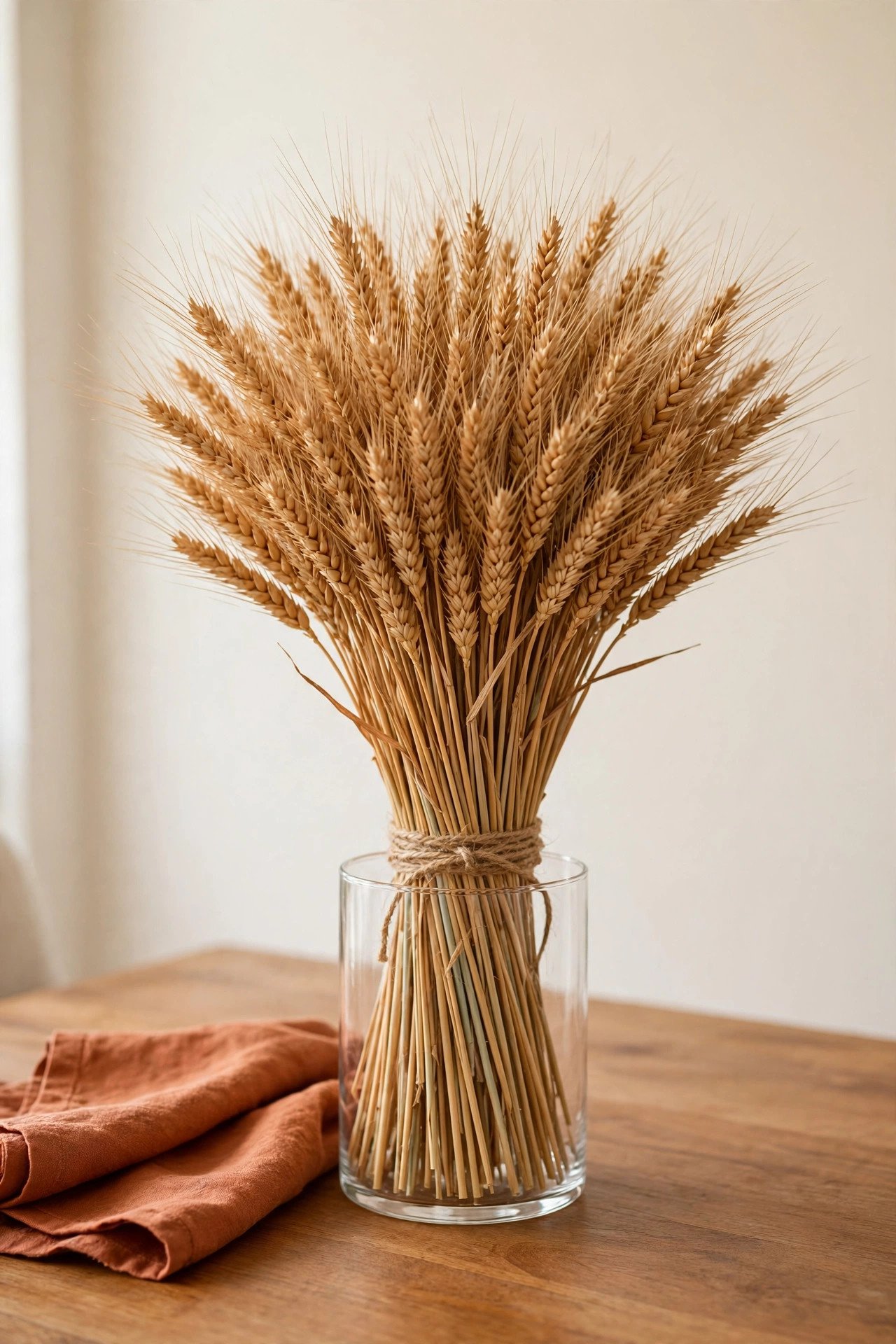 A sheaf of dried wheat tied with twine standing in a vase