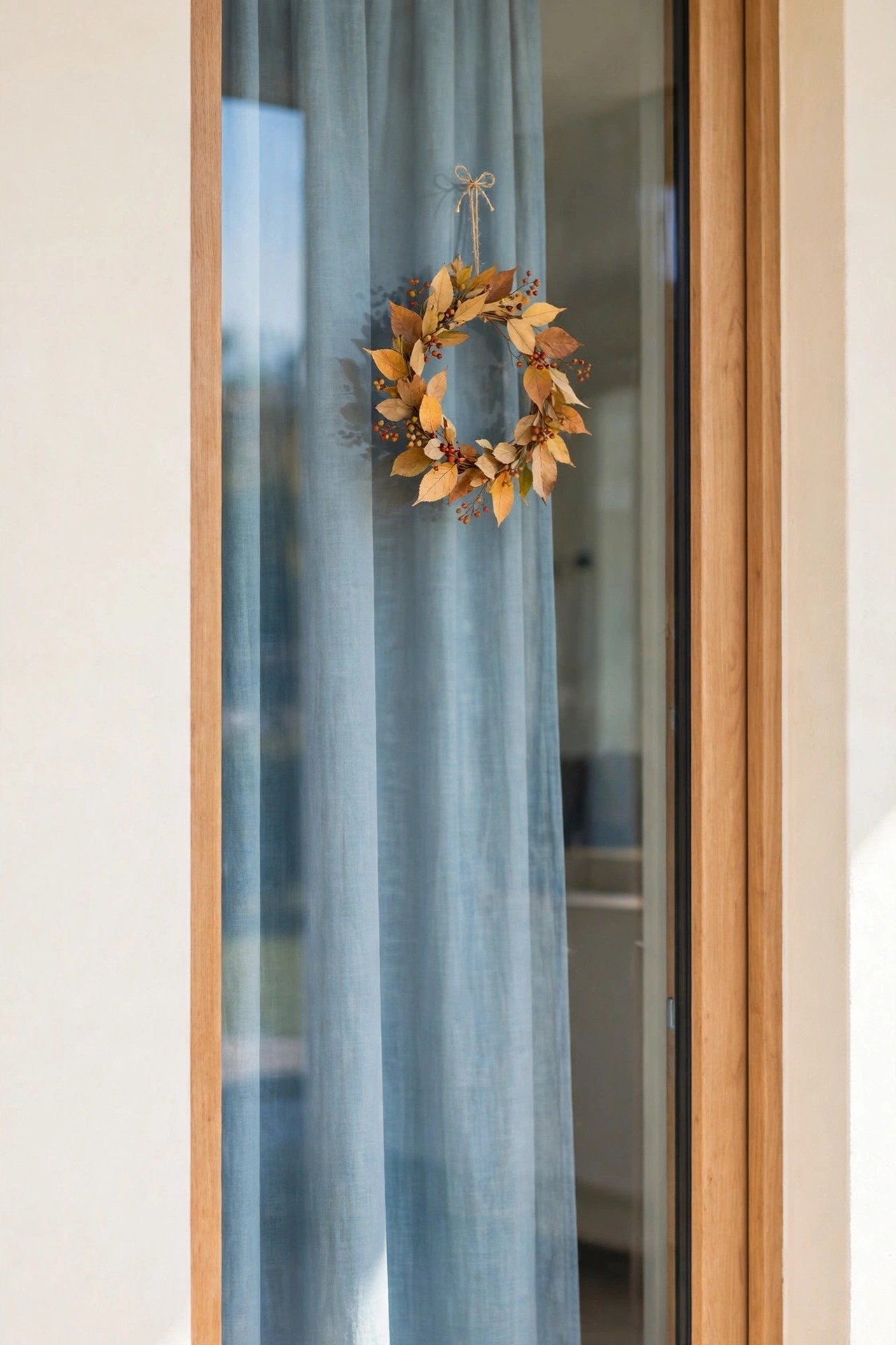 Small compact open wreath of short autumn leaves and berries on a glass front door panel