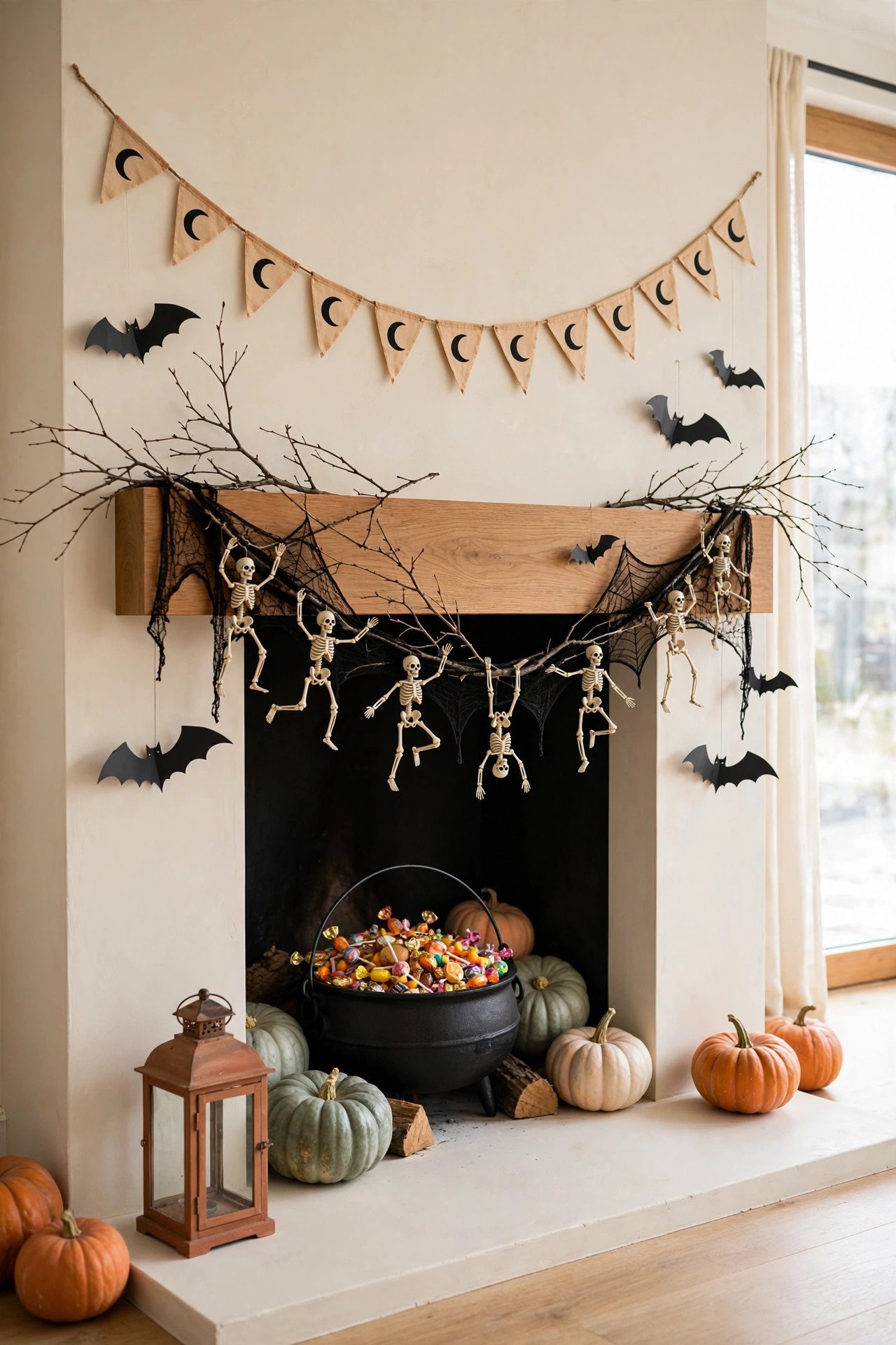 Fireplace with a dancing skeleton garland, spiderweb lace and pumpkins in the hearth