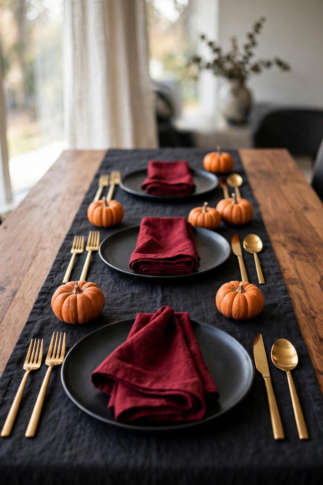 Deep red cloth napkins folded on black plates at a Halloween dinner table