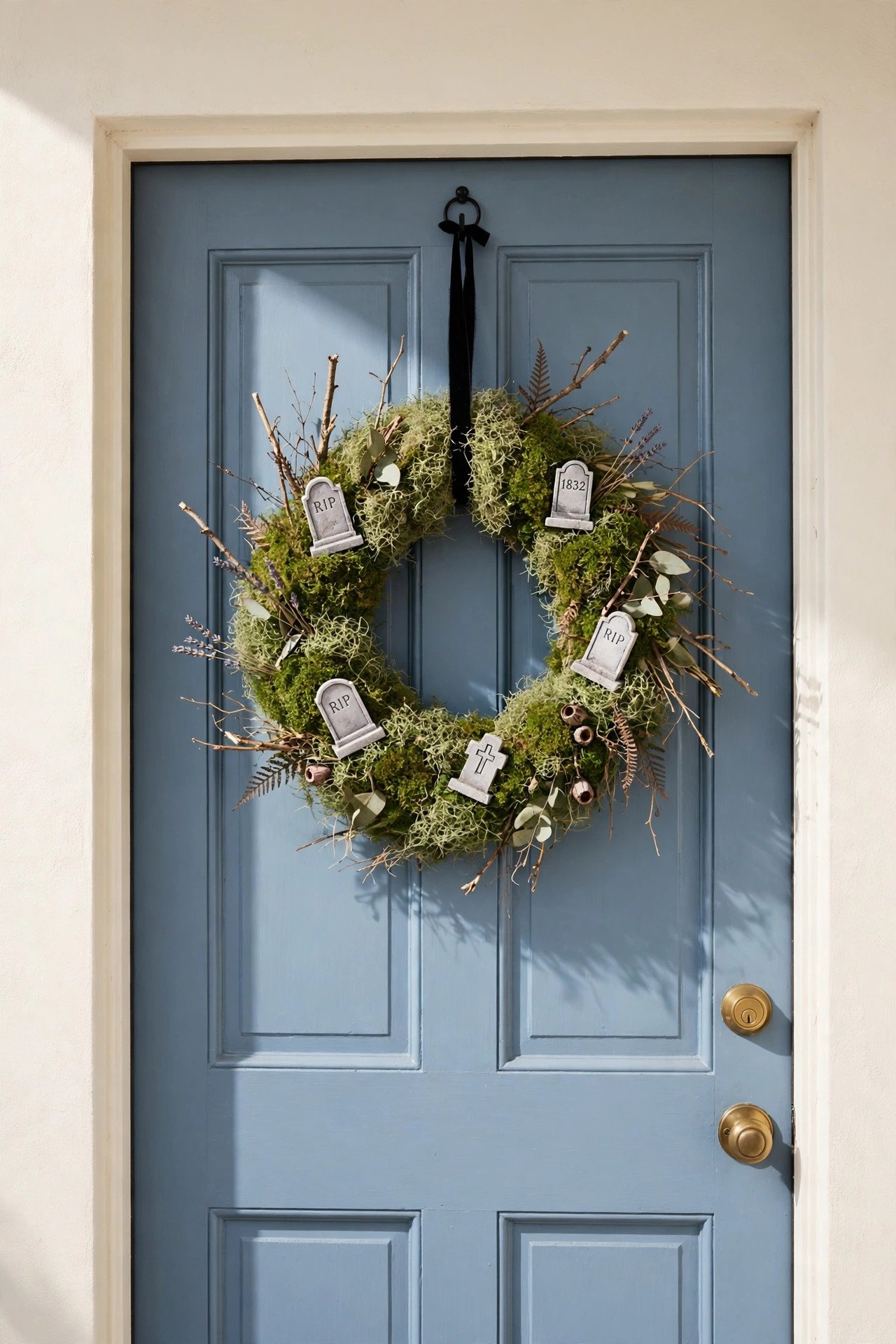 Halloween wreath of green moss with tiny miniature tombstones on a front door