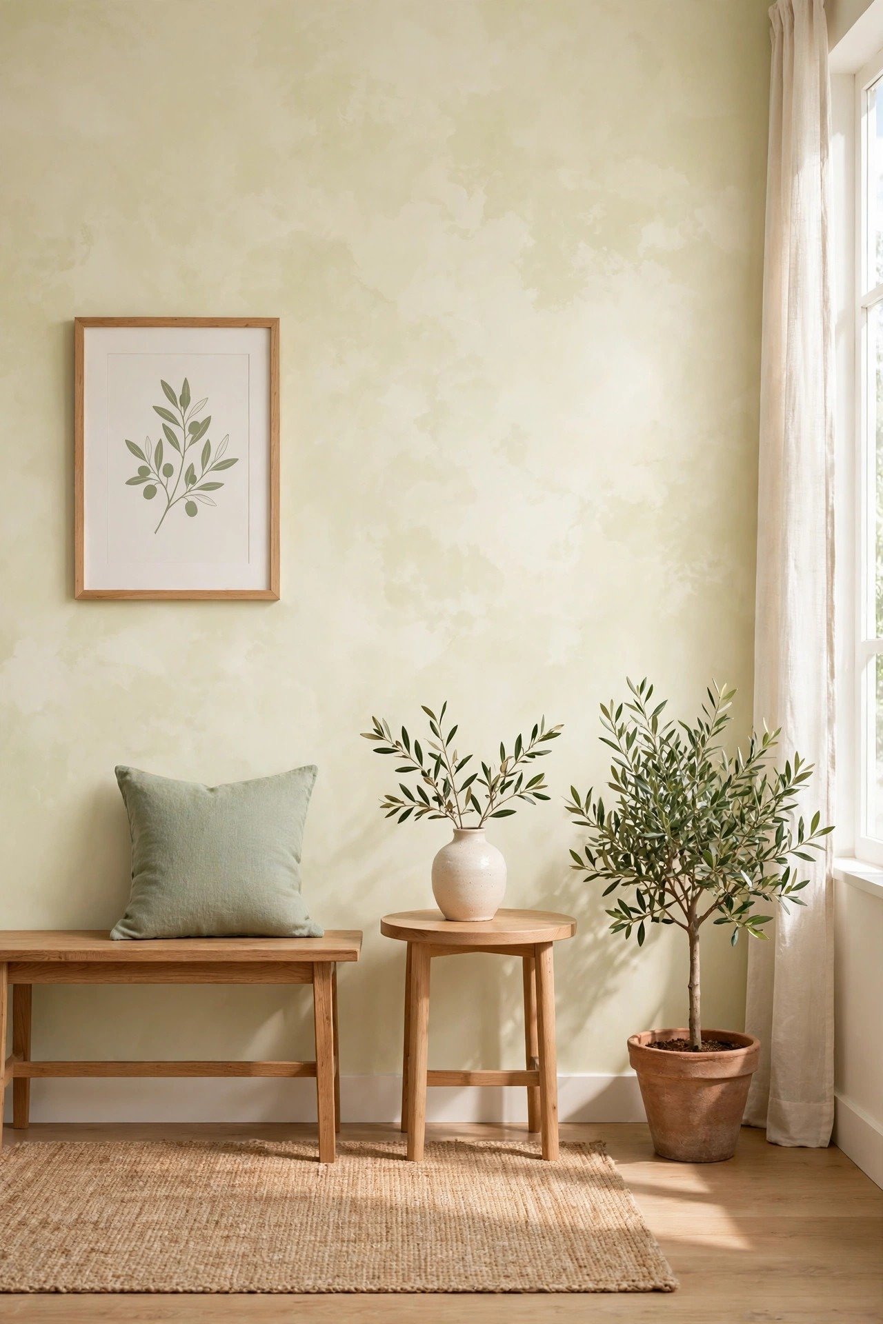 Cream limewash wall with barely-there texture in a minimalist room with simple furniture