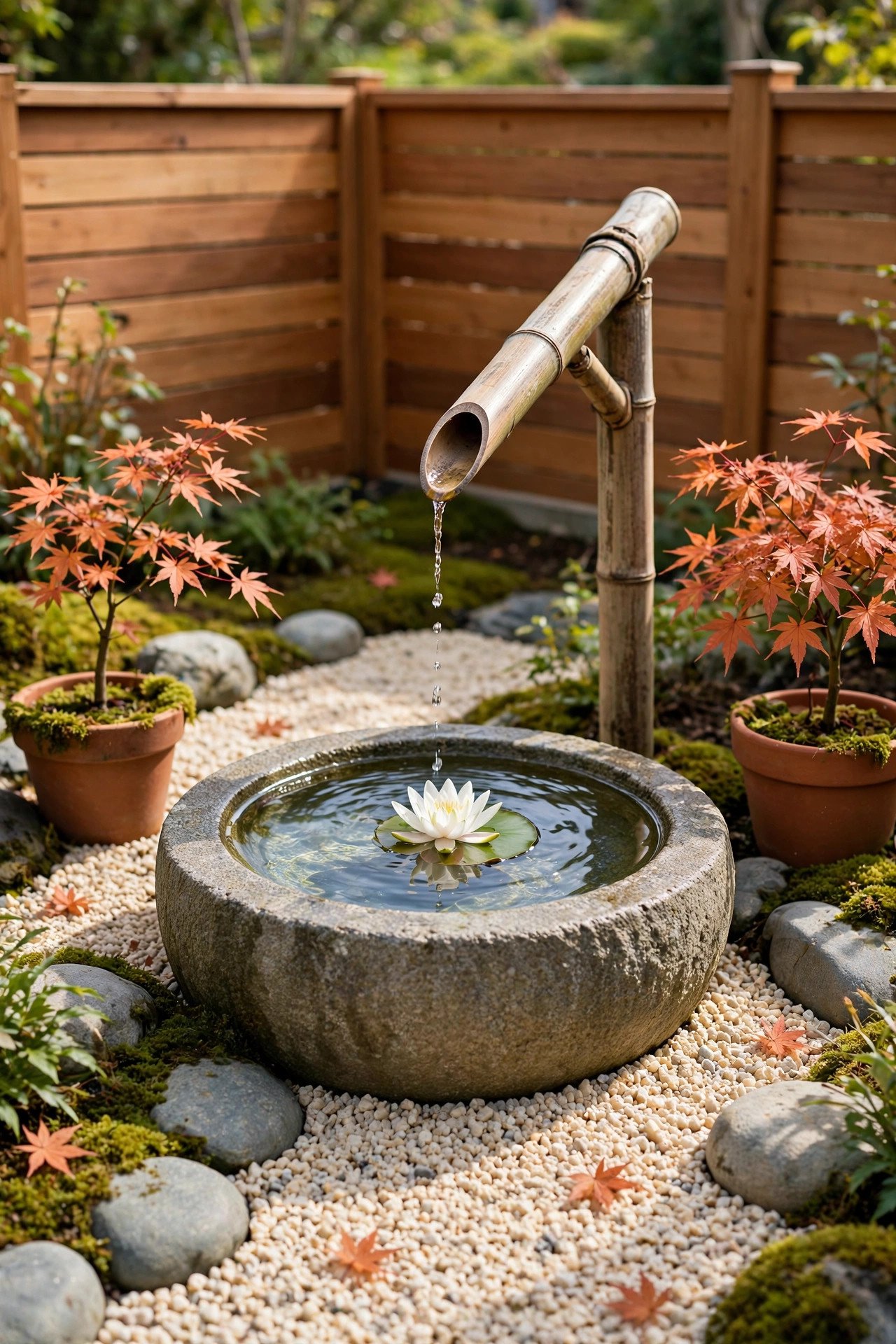 Japanese-style mini pond with a bamboo water spout