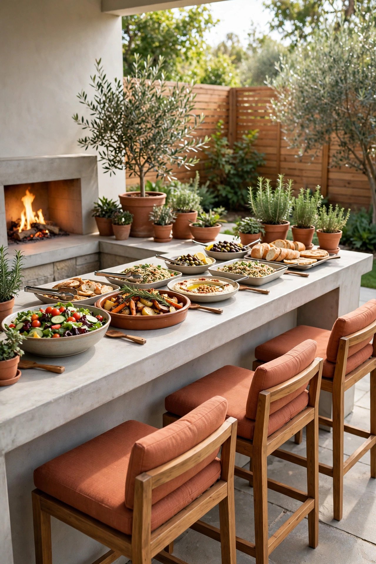 Sleek buffet serving bar with a concrete countertop, stools, and a small fireplace