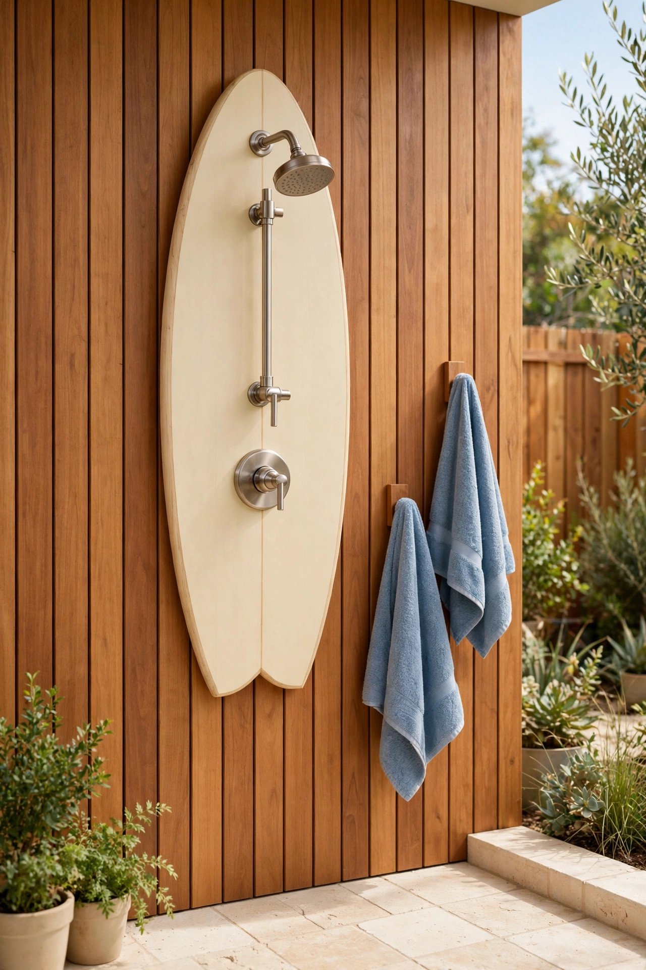 Outdoor shower with a surfboard-shaped panel and soft blue accents