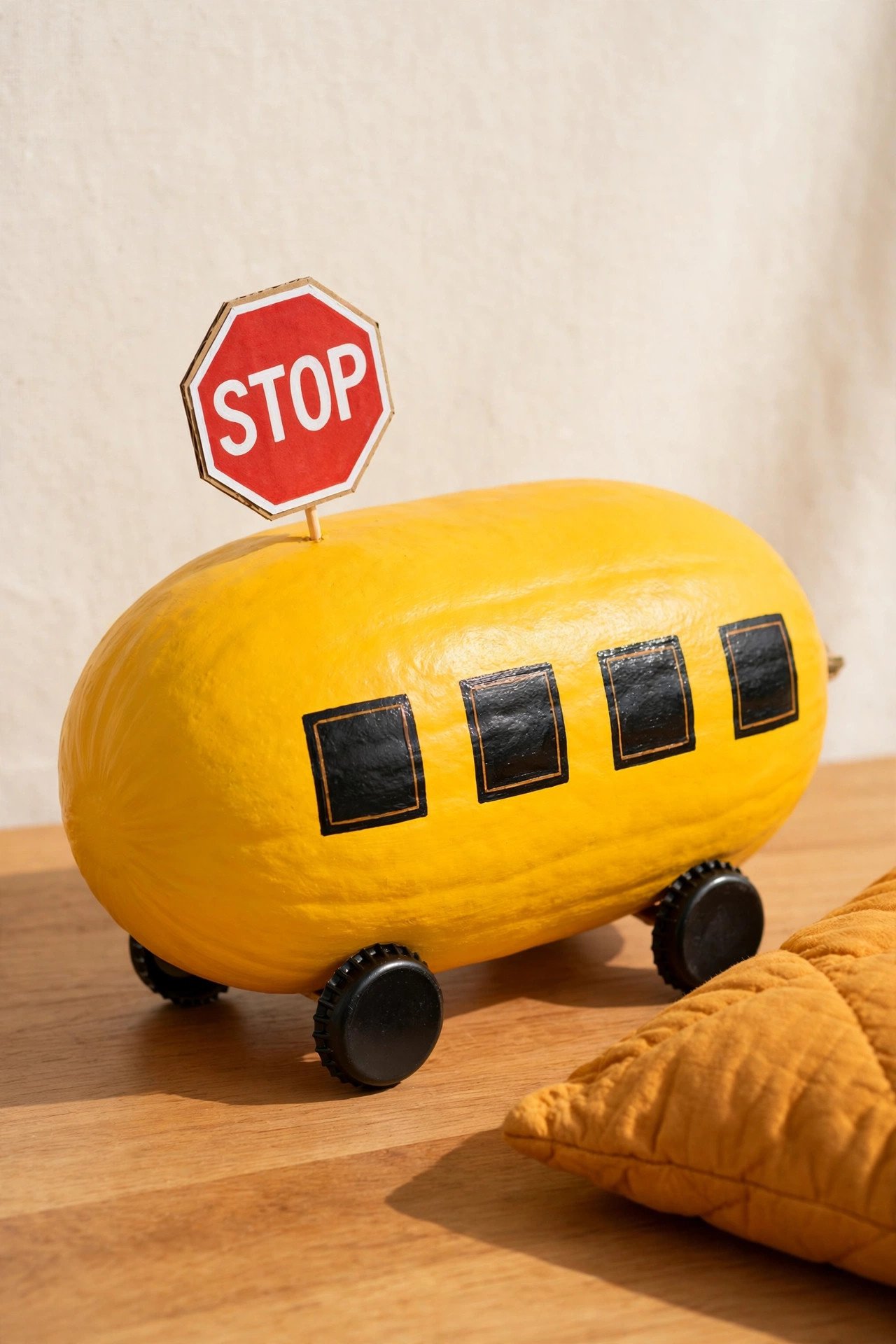 Oblong pumpkin painted yellow like a school bus with black windows and bottle cap wheels