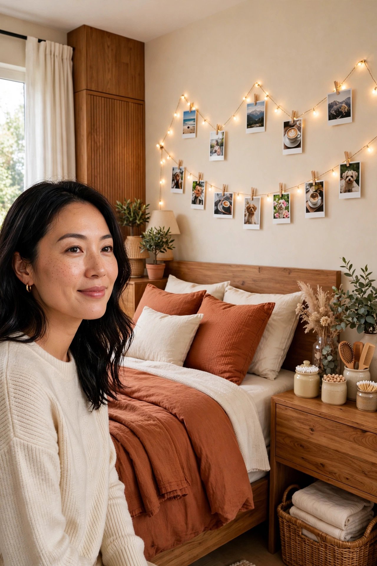 String lights with clipped photos creating a glowing gallery on a bedroom wall in terracotta tones